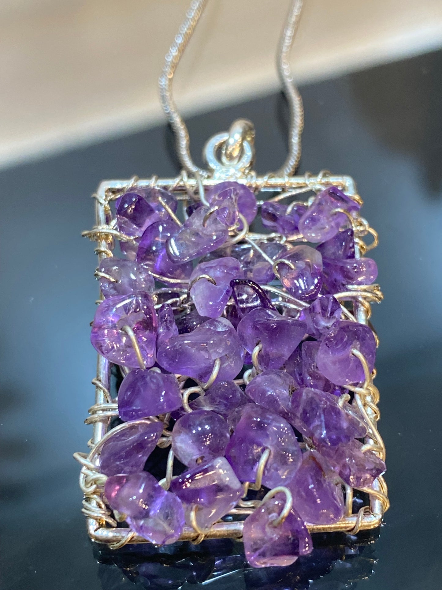 Wire Wrapped Amethyst Chips Silver Pendant with Silver Chain