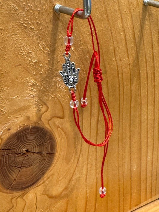 Red String Pull Tie Bracelet Hamsa Charm and Clear Beads