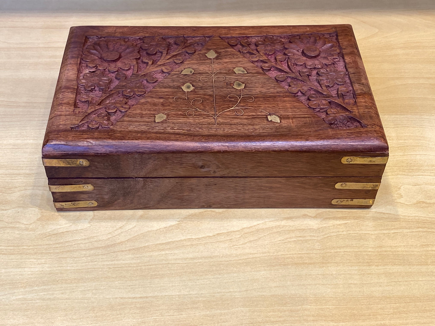 Hand Carved Wooden Storage Box Flower with Gold Vine (Brown)