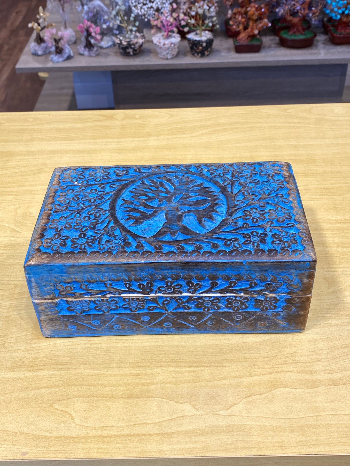 Wooden Handicraft Storage Box Tree of Life Turquoise