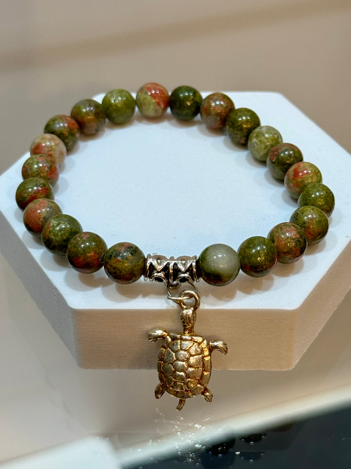 Unakite Beaded Bracelet With Turtle Charm