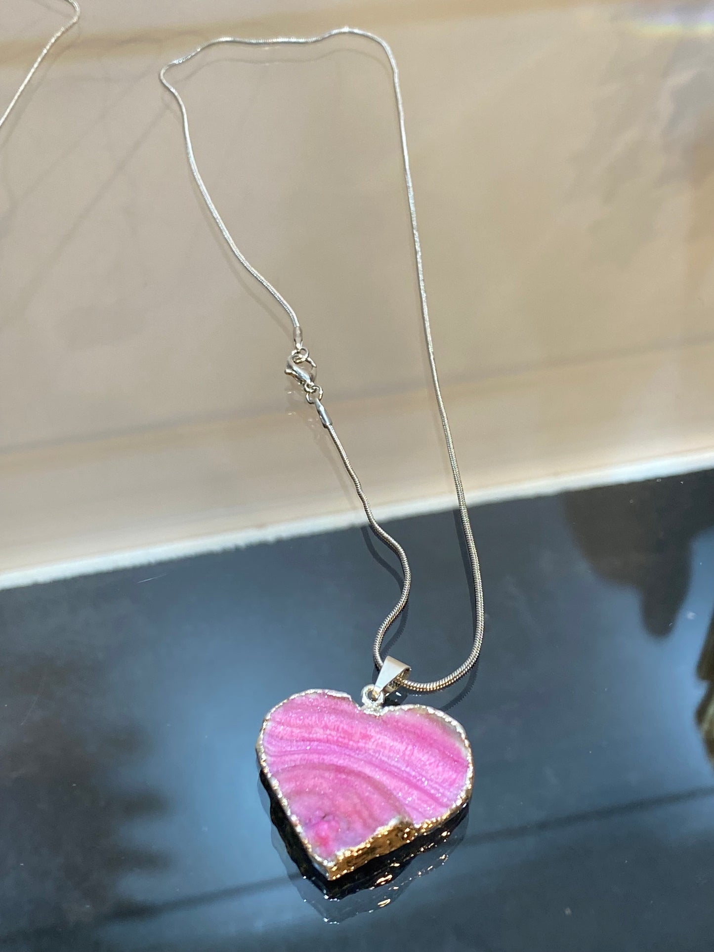 Dark Pink Banded Agate Silver Heart Pendant with Silver Plated Chain