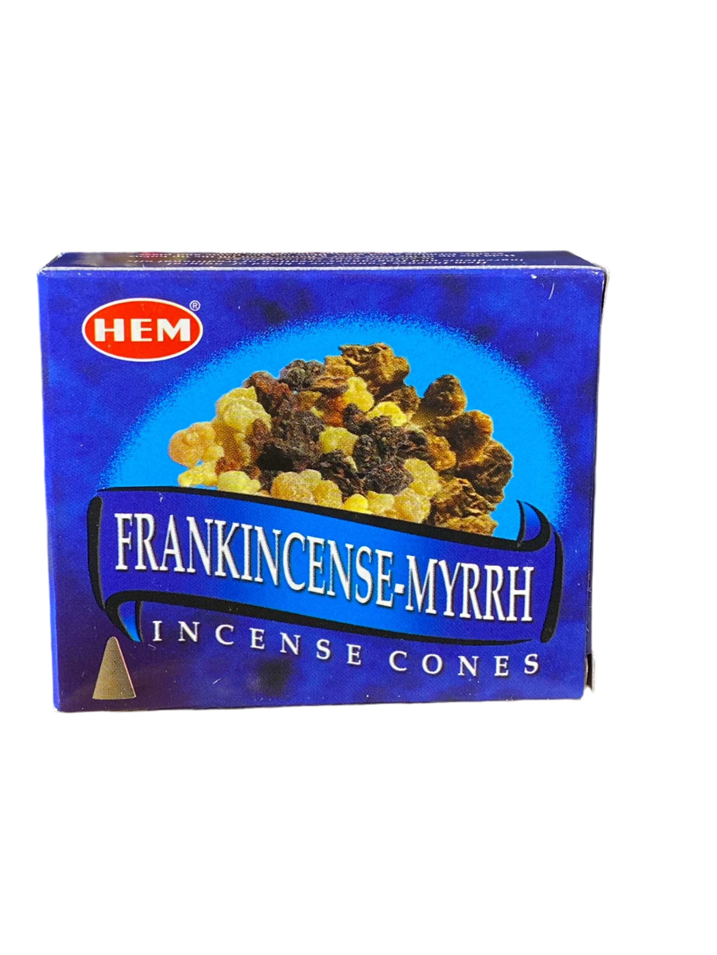 HEM Frankincense Myrrh Cones packaging displaying aromatic incense cones for relaxation and well-being.