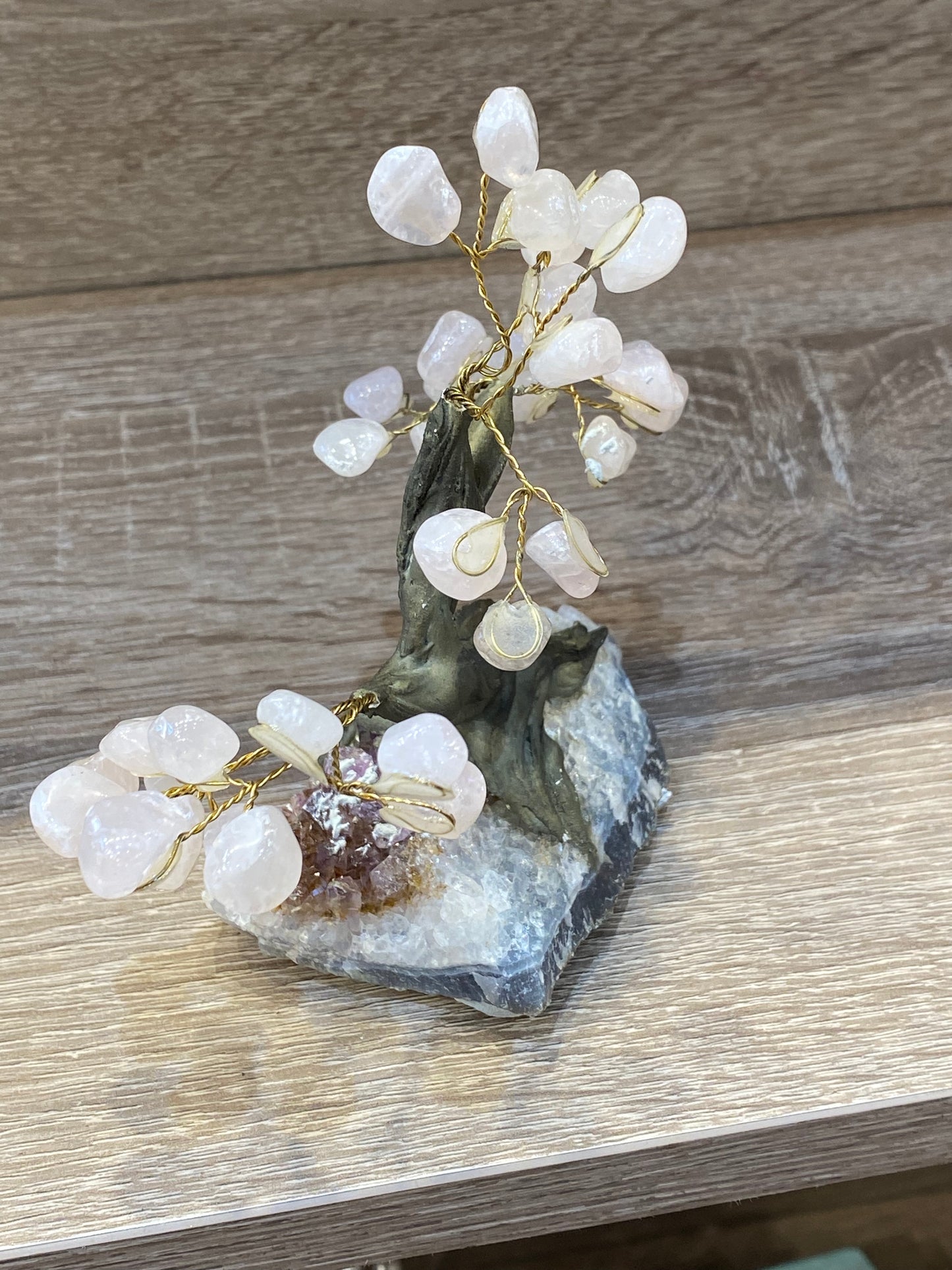 Gemstone Rose Quartz Tree on Amethyst Cluster