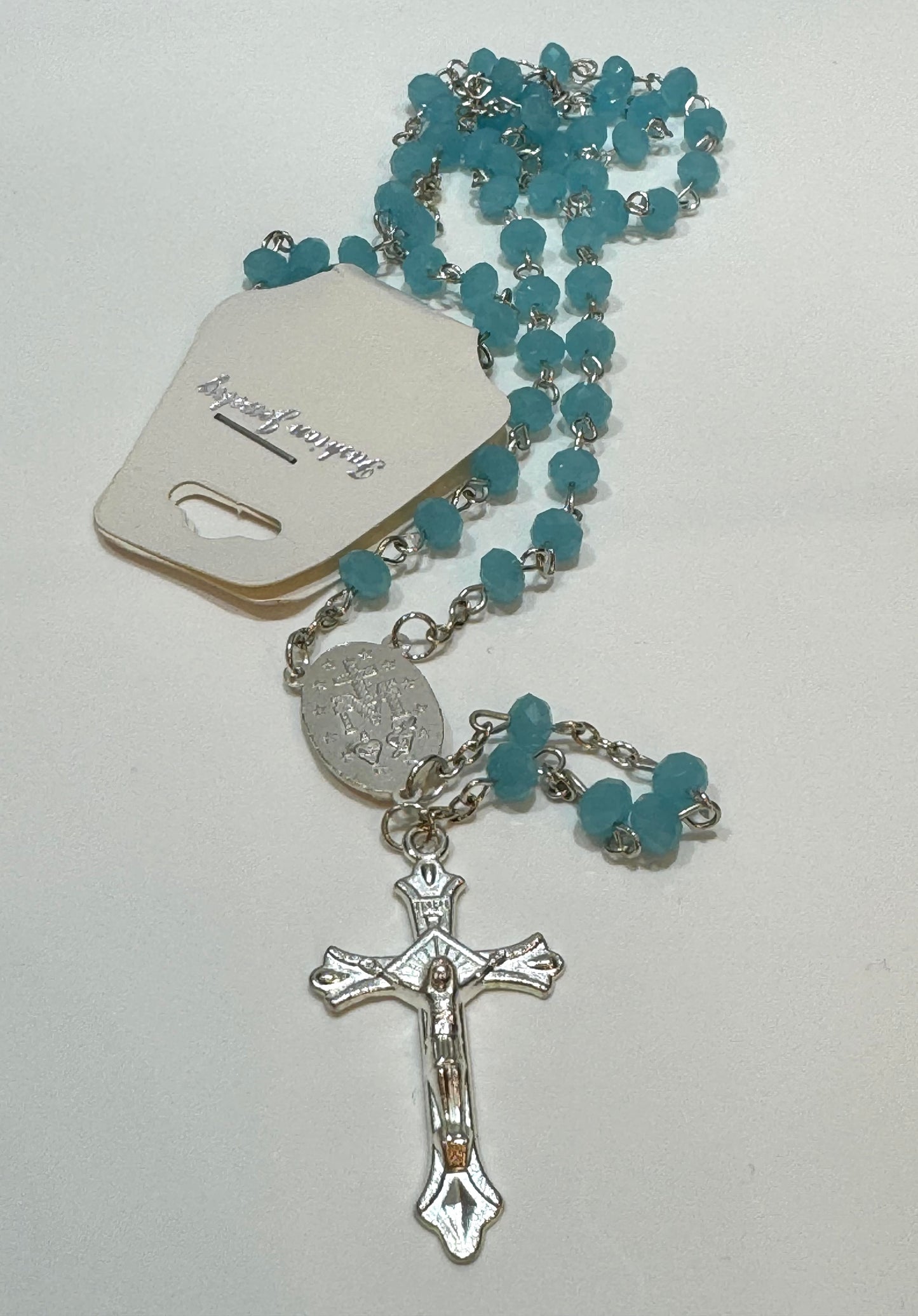 Mi Primero Communion Glass Turquoise Beaded Rosary Jesus Christ On Cross Silver Amulet