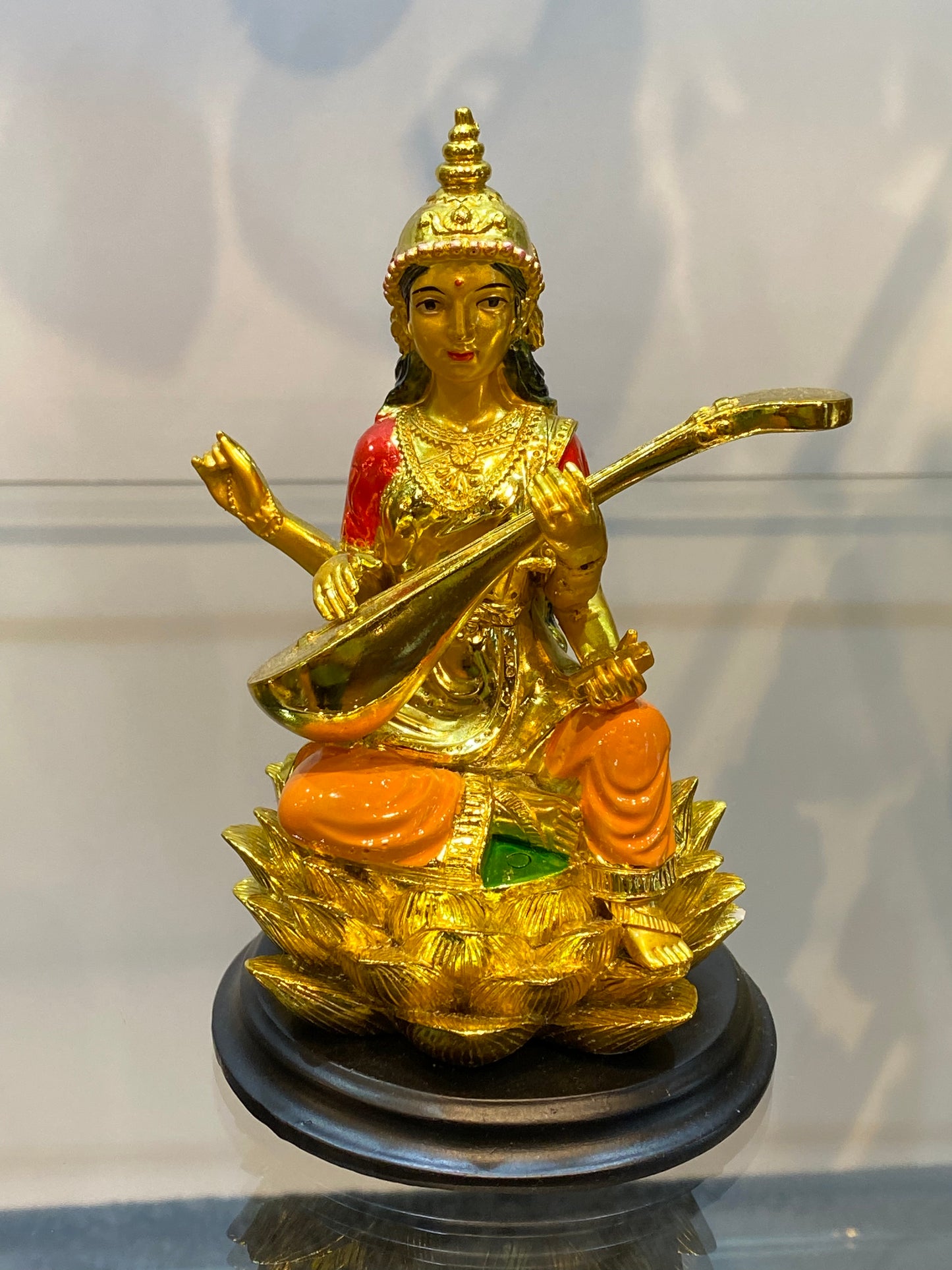 Feng Shui Gold Colored Saraswati on Lotus Small 3”Statue Hindu Goddess of Knowledge Deity Icon