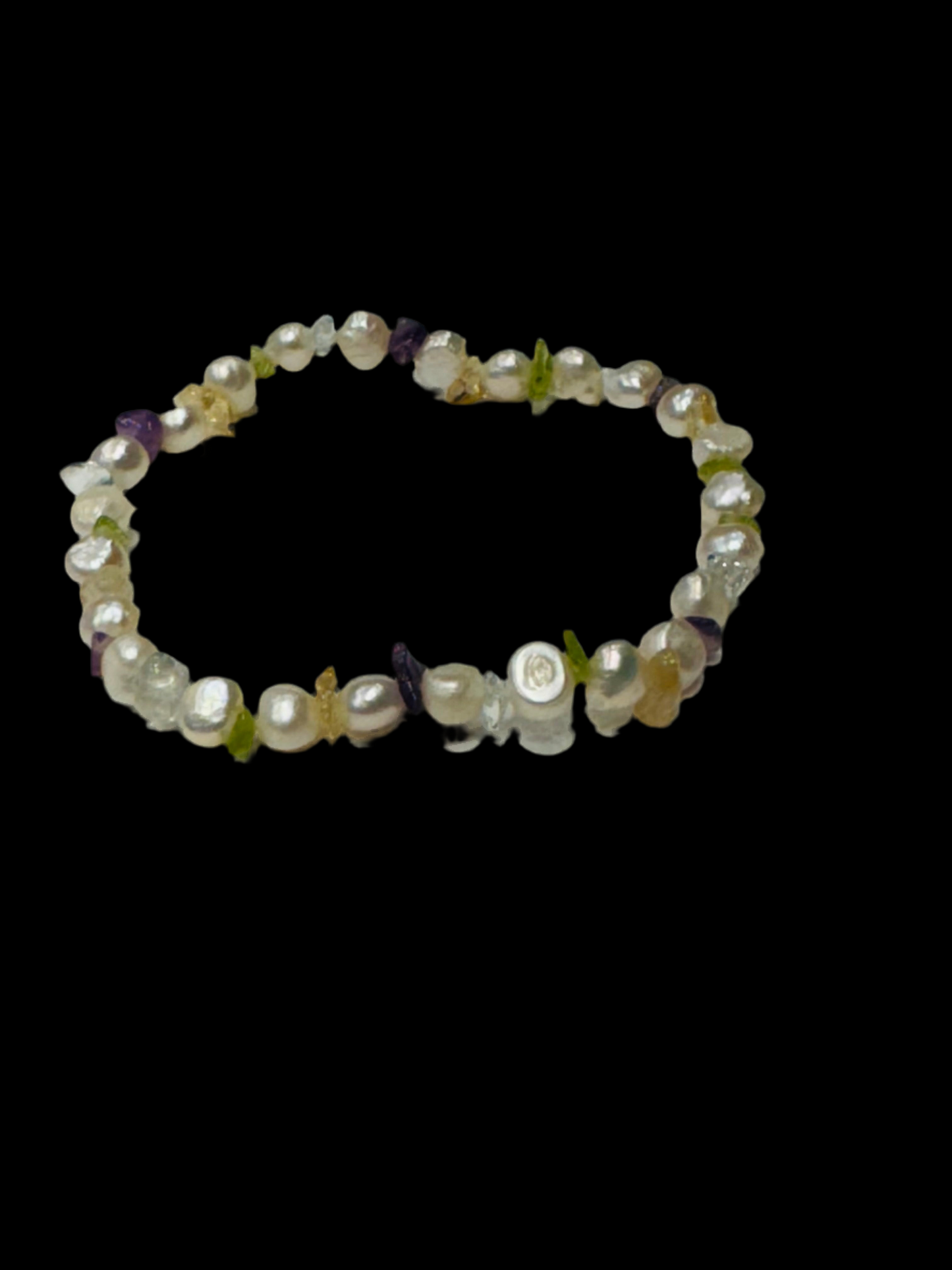 White Beaded Pearl, Amethyst, Citrine and Peridot Chips Stretch Bracelet