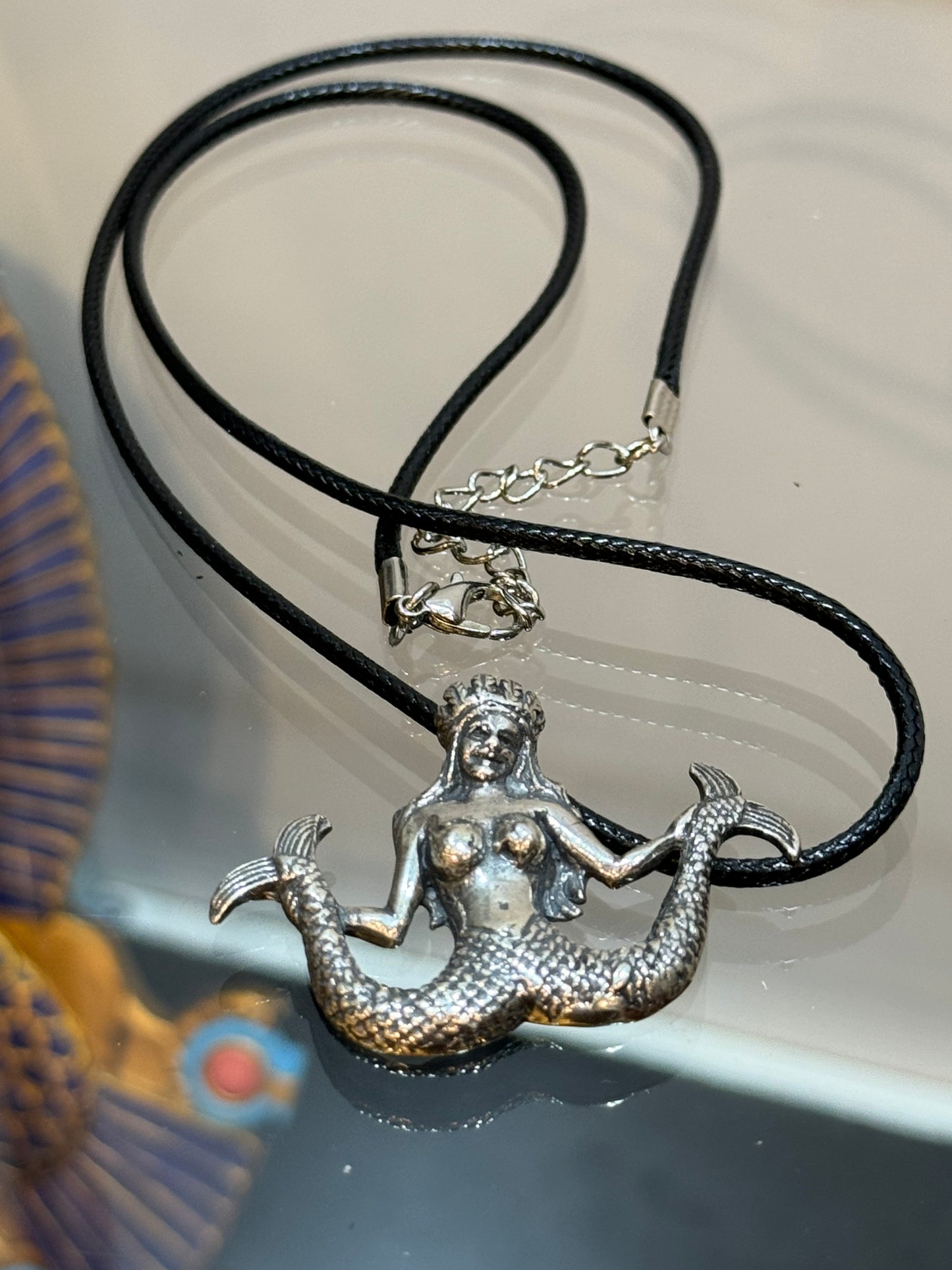 Silver Mermaid Double Tail Pendant With Black Cord Necklace