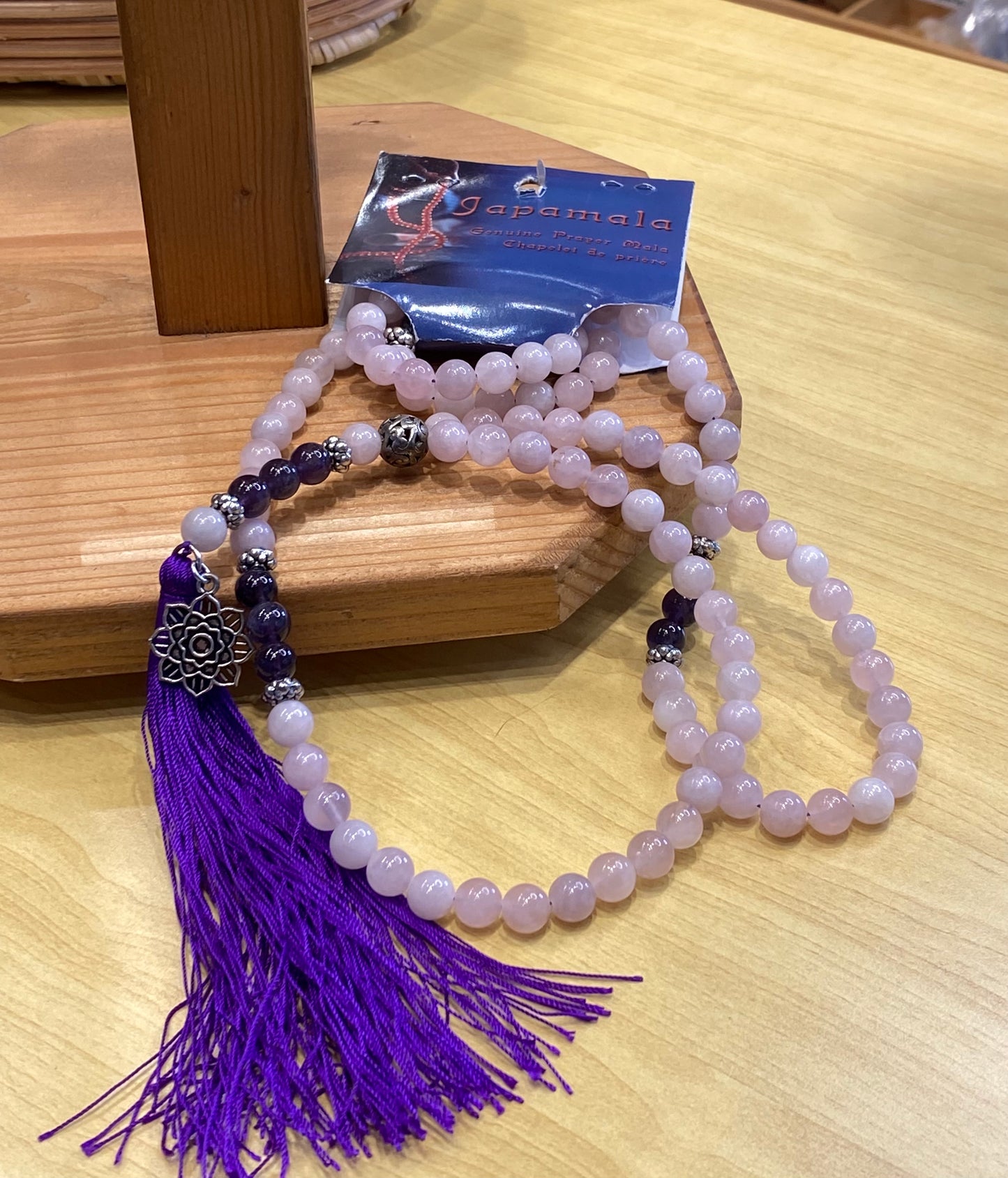 Japamala Prayer Rose Quartz and Amethyst With Lotus Flower Charm Purple Tassle