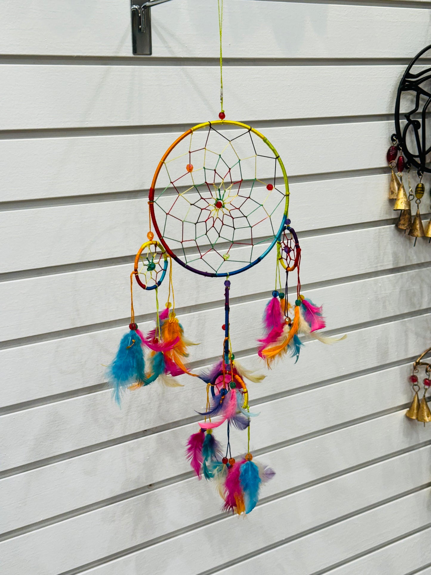 Chakra Leather Dreamcatcher Faceted Beaded Rainbow and Colorful Feathers