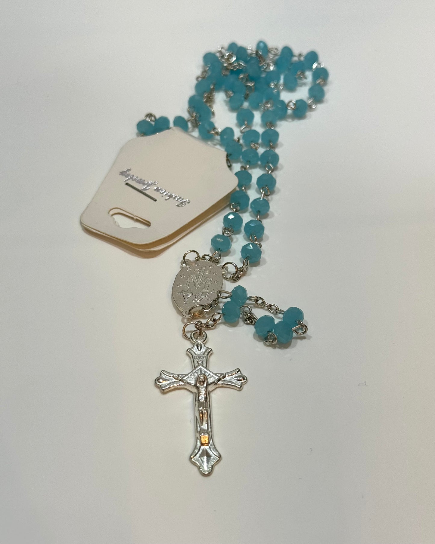 Mi Primero Communion Glass Turquoise Beaded Rosary Jesus Christ On Cross Silver Amulet