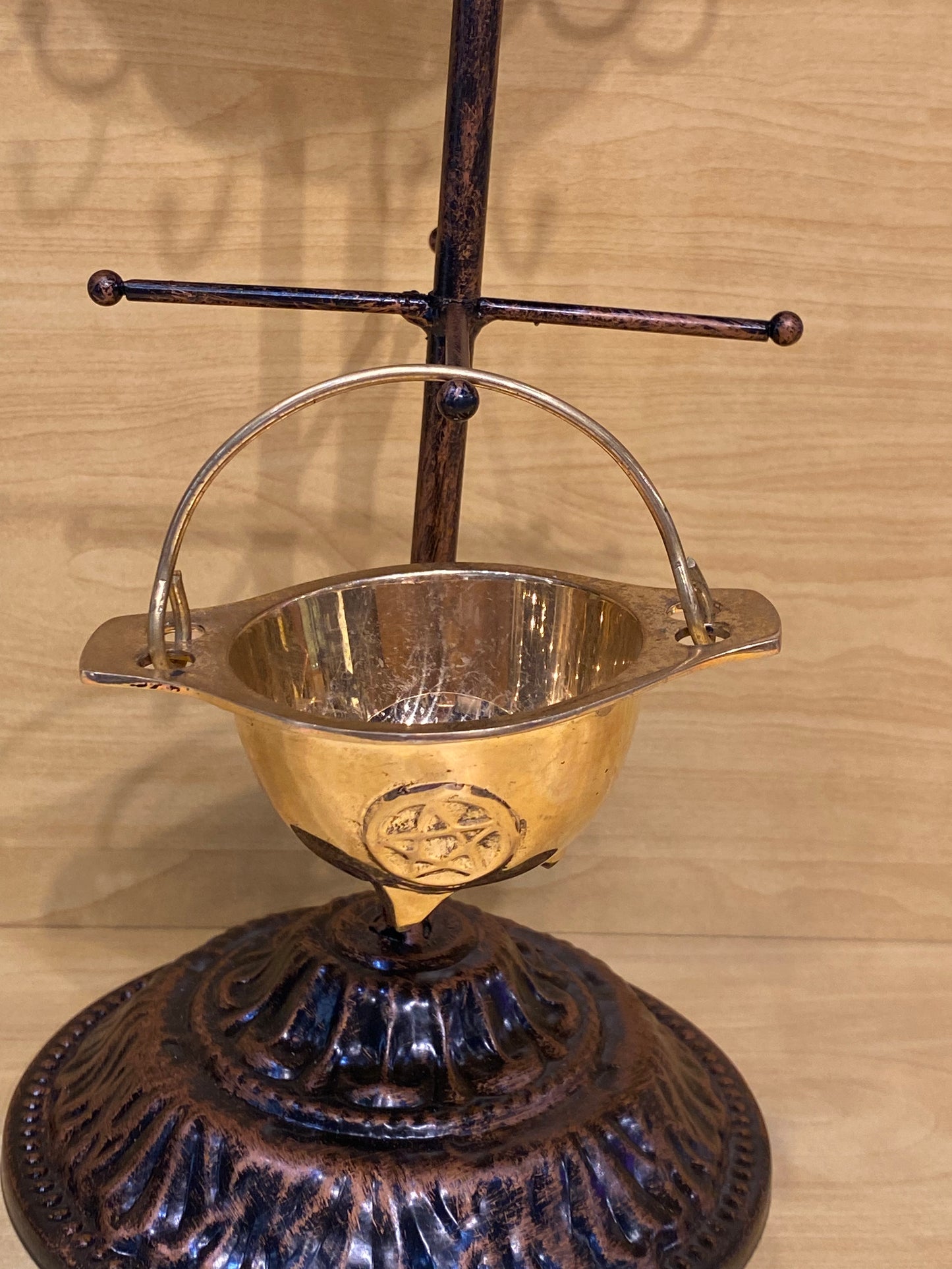 Brass Gold Cauldron With Engraved Pentacle and Handle