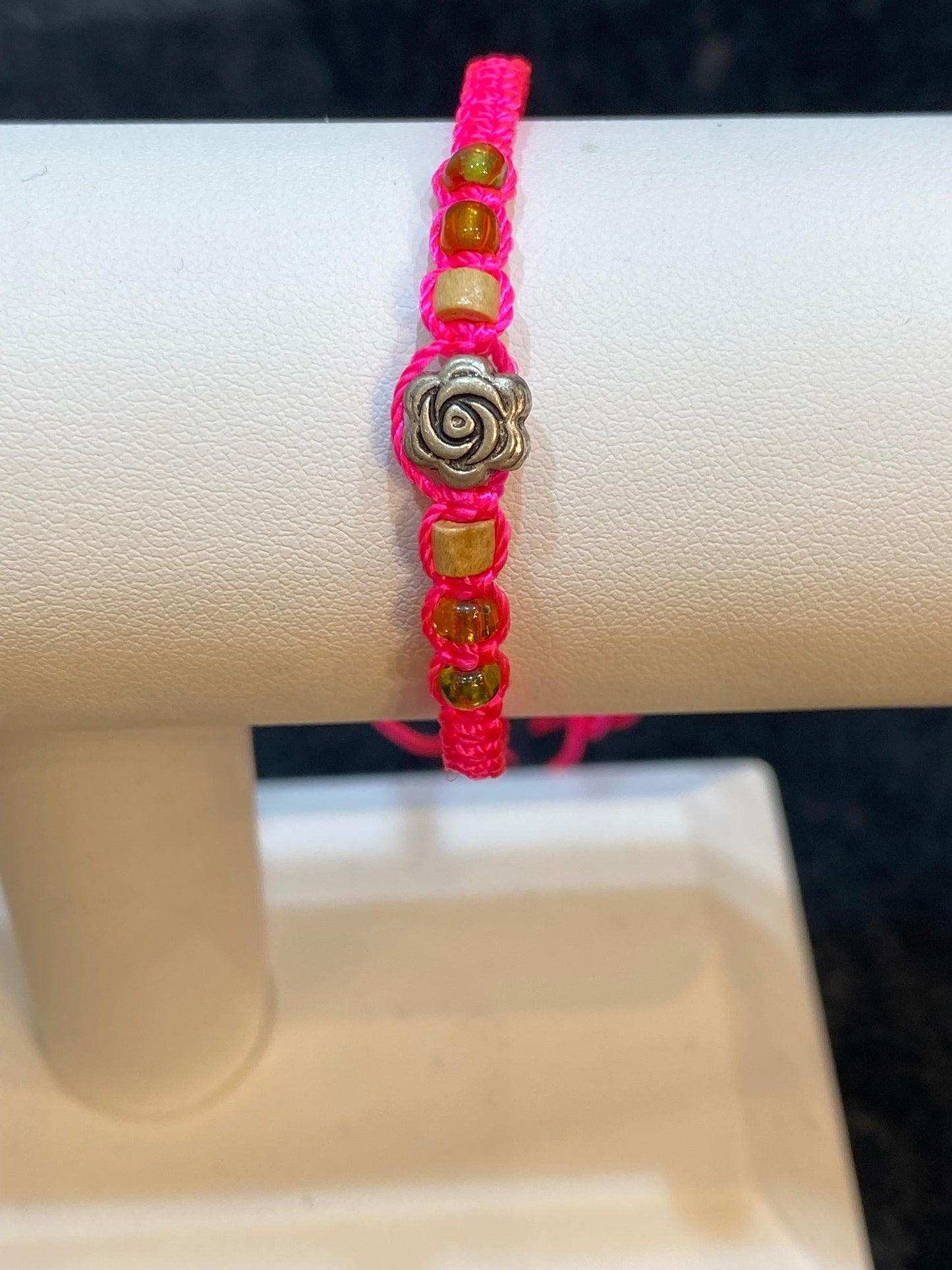 Handmade Hot Pink Pull Tie String Braided Bracelet With Rose and Beads