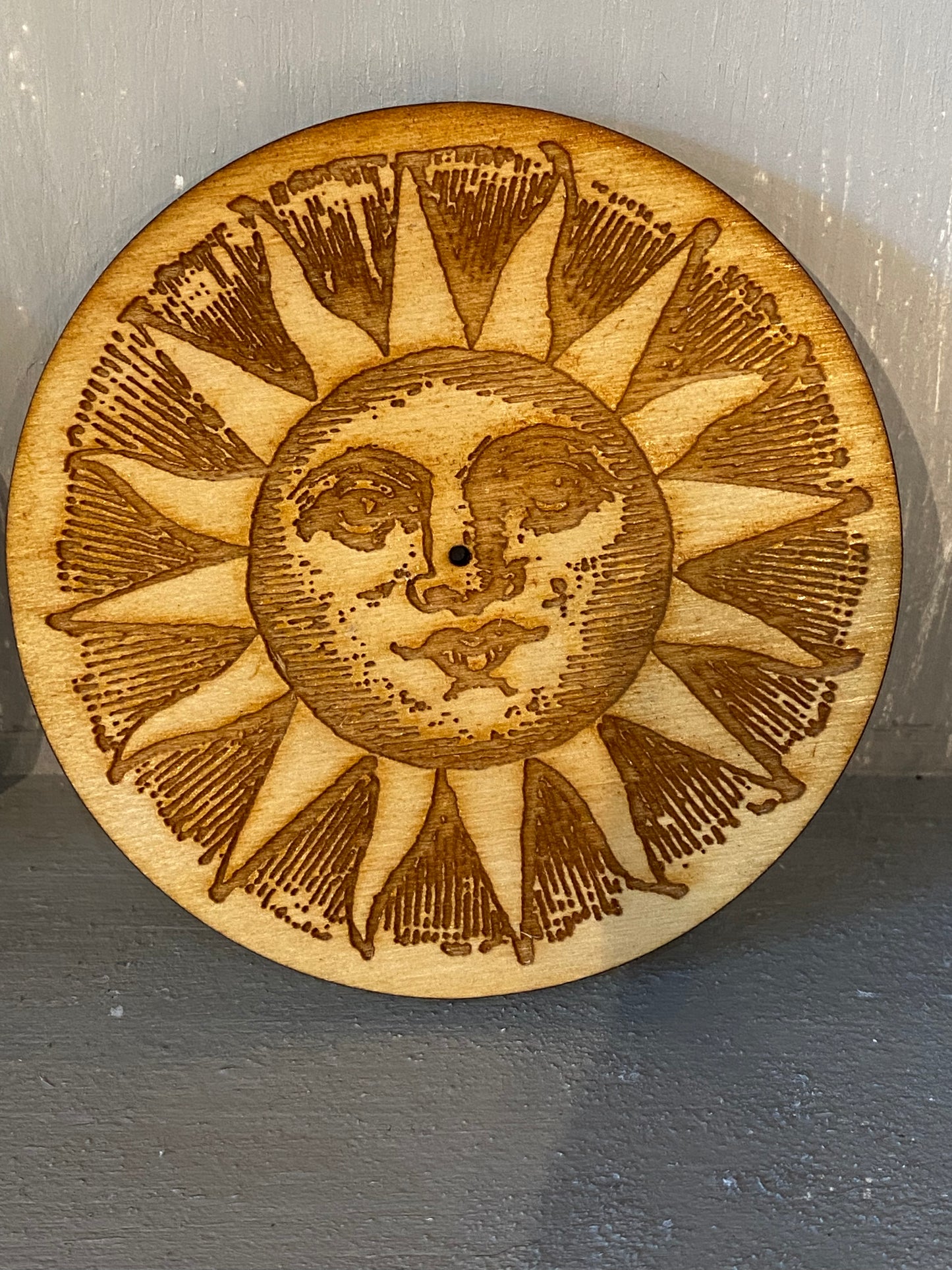 Woodcut Round Incense Stick Holder Celestial Sun