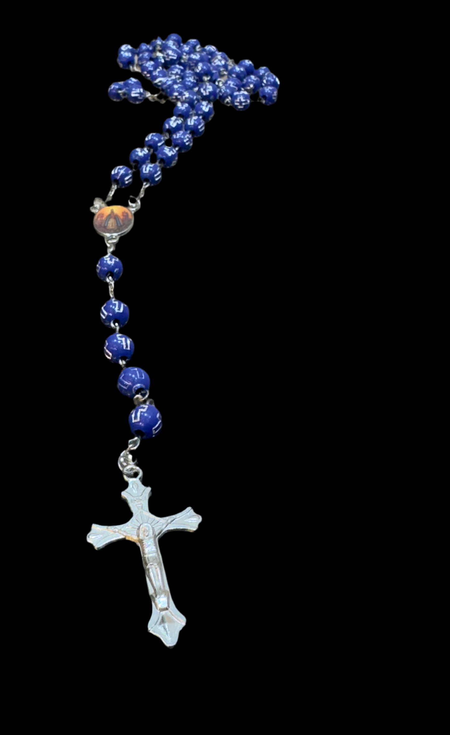 Vintage Silver Cross Christ Catholic Rosary in Cobalt Blue Beaded Engraved Cross