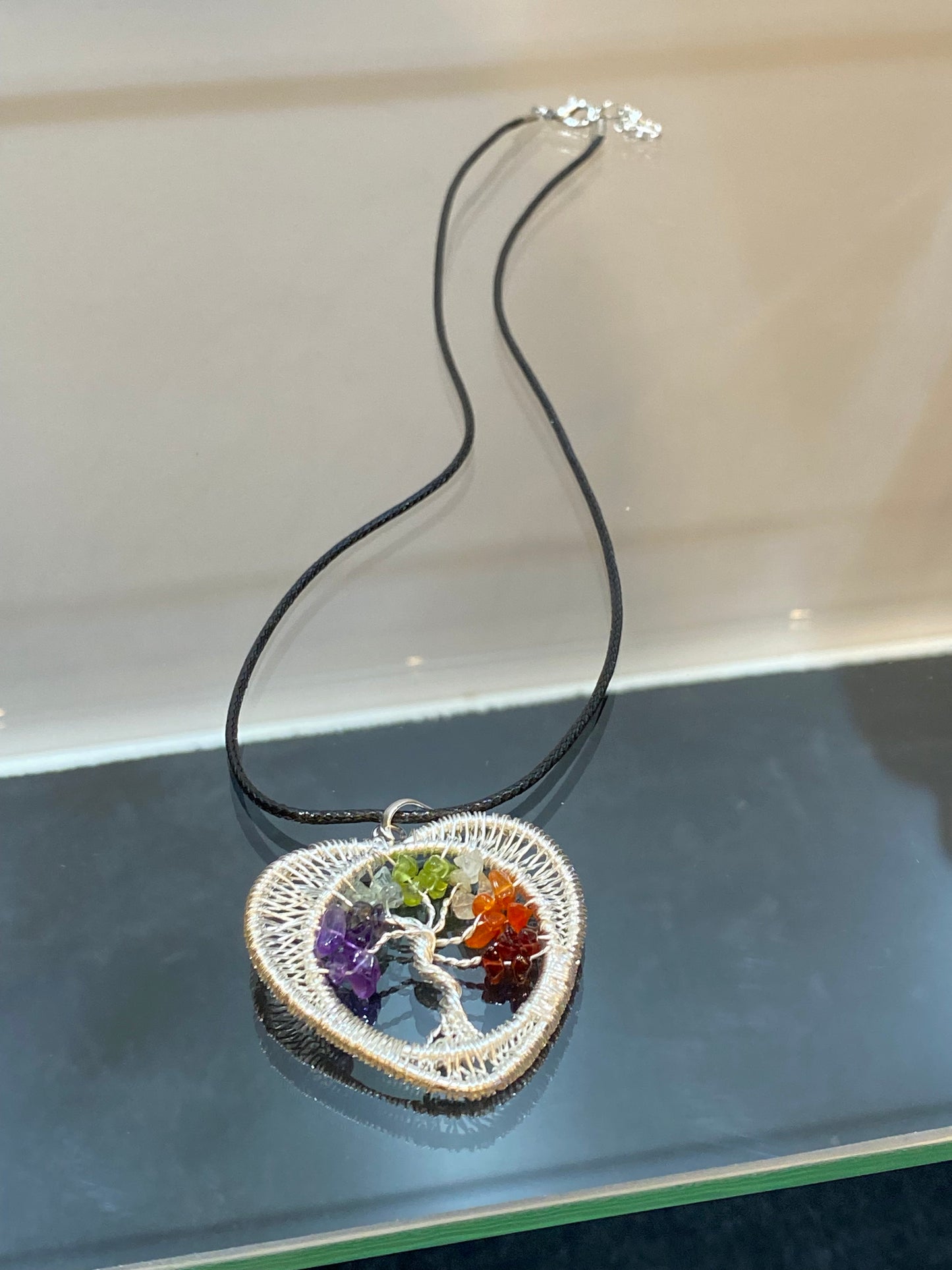 7 Chakra Chips Tree of Life Silver Wire Wrapped Heart Pendant with Black Cord Necklace