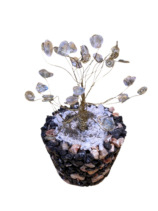 Crystal Clear Quartz Wire Coil Tree on Pebbles Rock Base