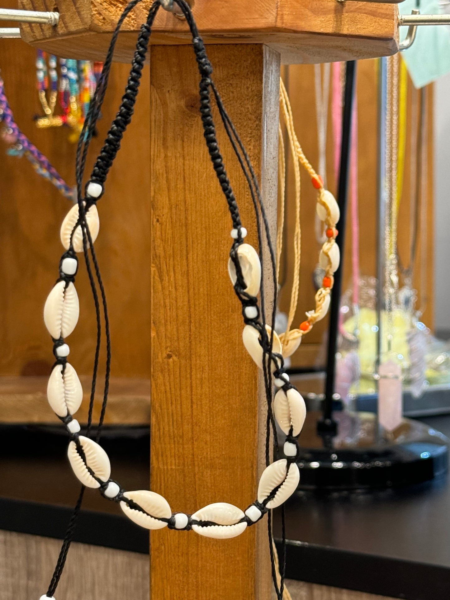 Handmade Cowrie Natural Shell String Pull Tie Choker Necklace White Beads On A Black Necklace