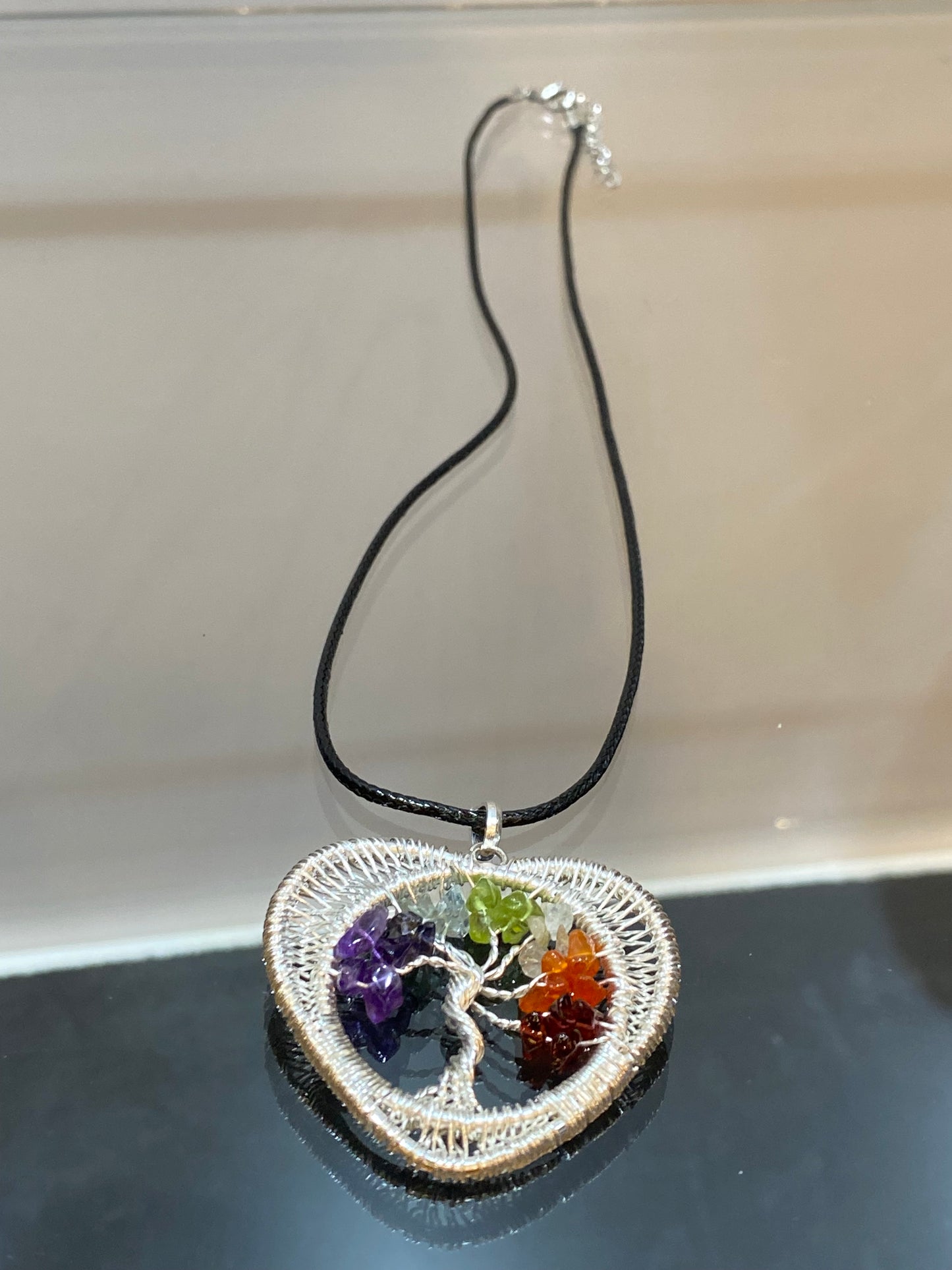 7 Chakra Chips Tree of Life Silver Wire Wrapped Heart Pendant with Black Cord Necklace