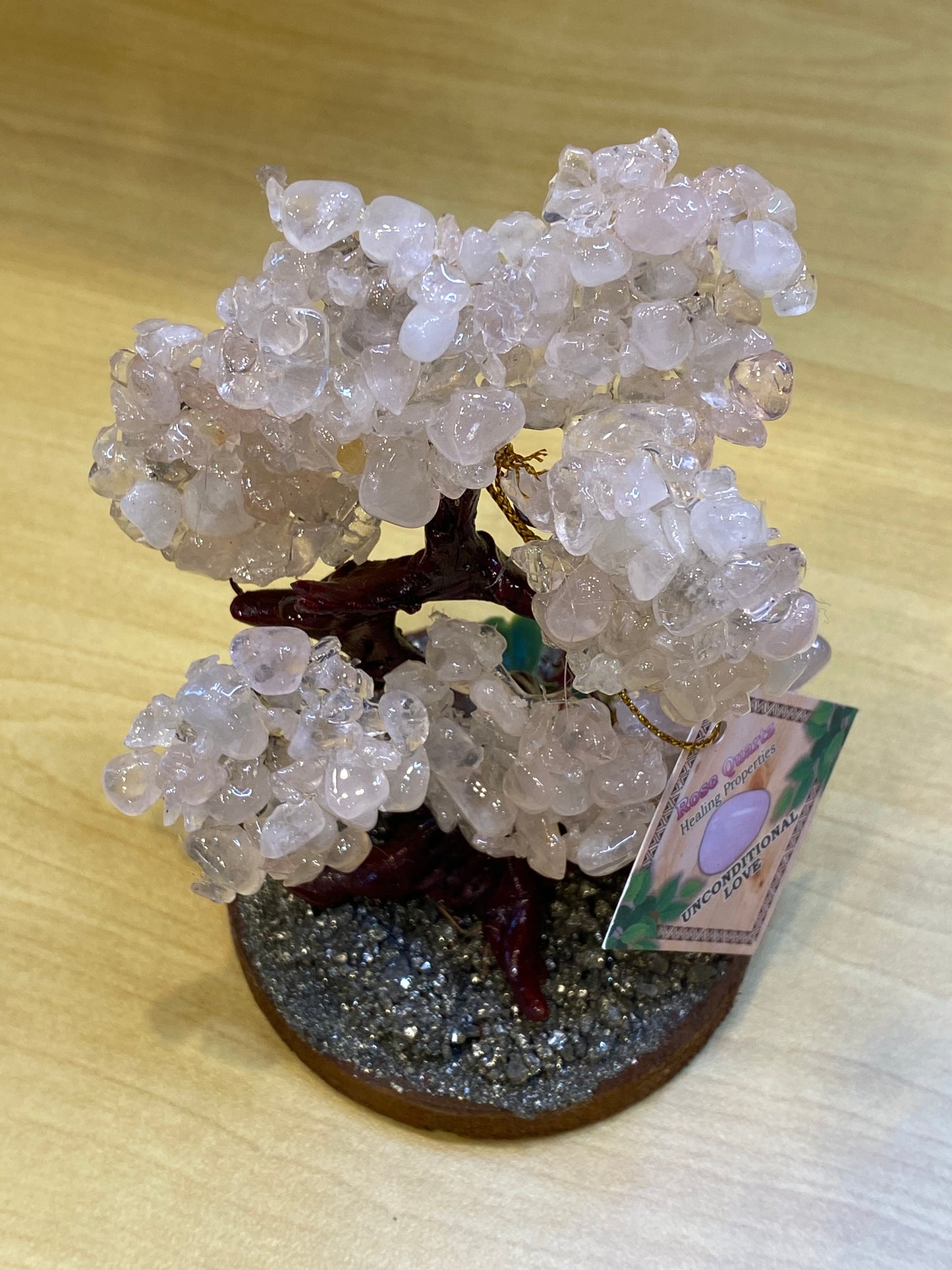 Bonsai Love and Fortune Gemstone Rose Quartz Tree on Pyrite