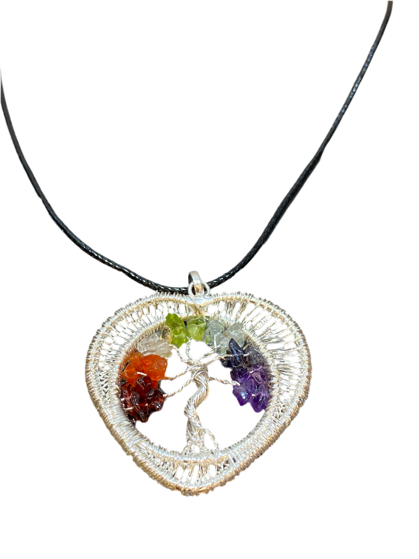 7 Chakra Chips Tree of Life Heart Pendant Silver Wire Wrapped with Black Cord Necklace