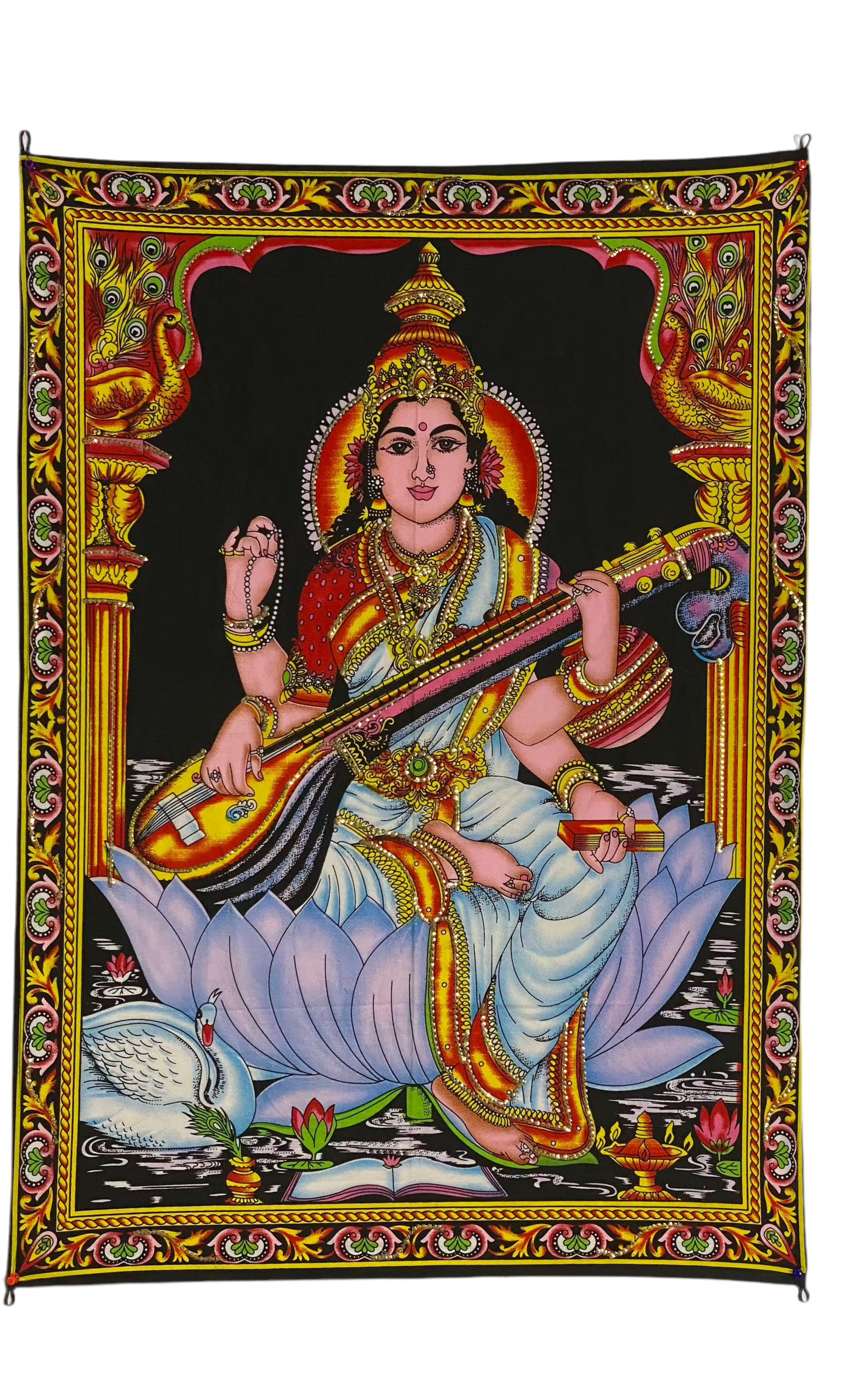 Goddess Saraswati Tapestry depicting the goddess of wisdom and art, ideal for meditation or home décor.