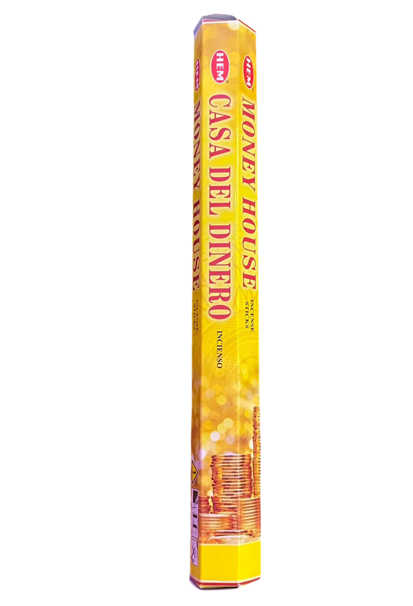 HEM Money House Incense Sticks package with gold design promoting prosperity and well-being.