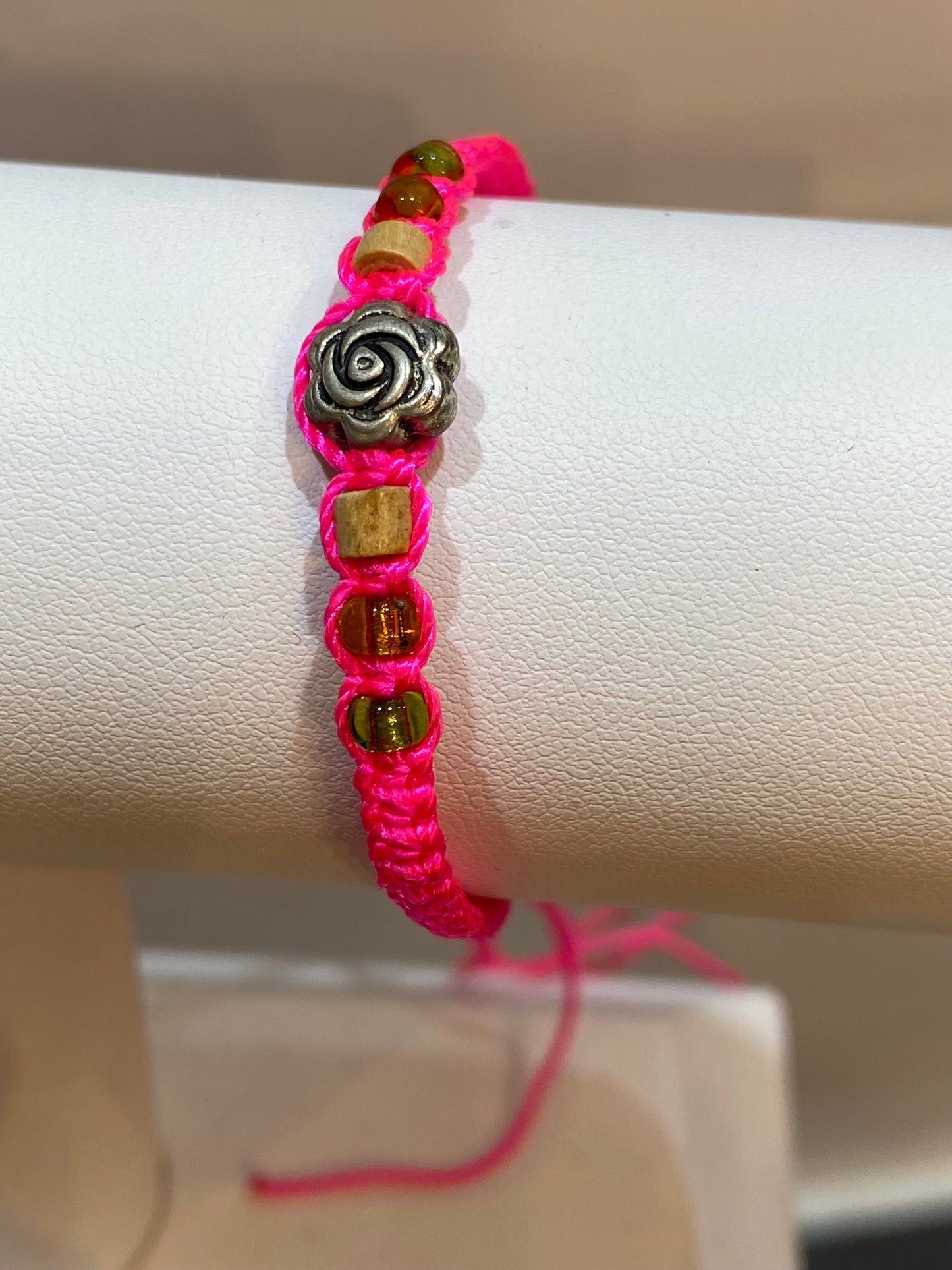 Handmade Hot Pink Pull Tie String Braided Bracelet With Rose and Beads