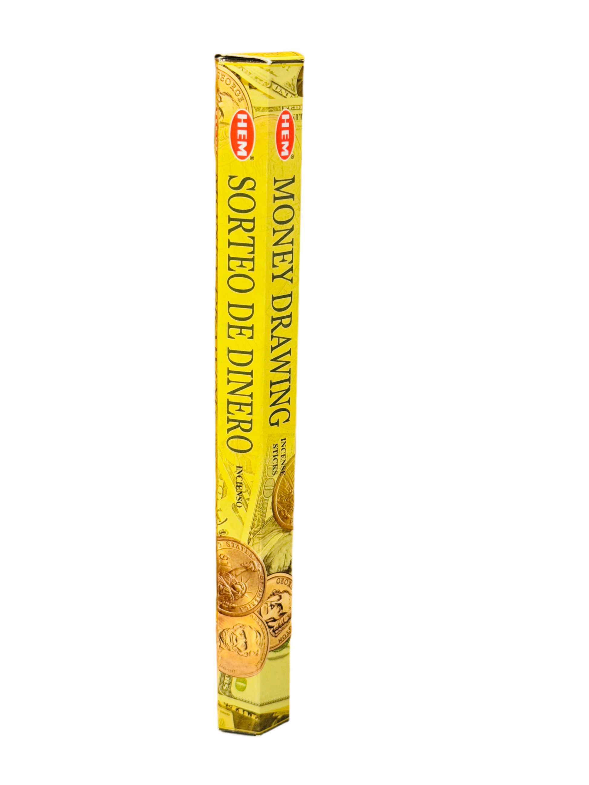 HEM Money Drawing Incense packaging with yellow design and coin images.