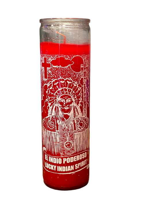 Lucky Indian Spirit Candle with red wax in a glass jar designed for protection and harmony rituals.