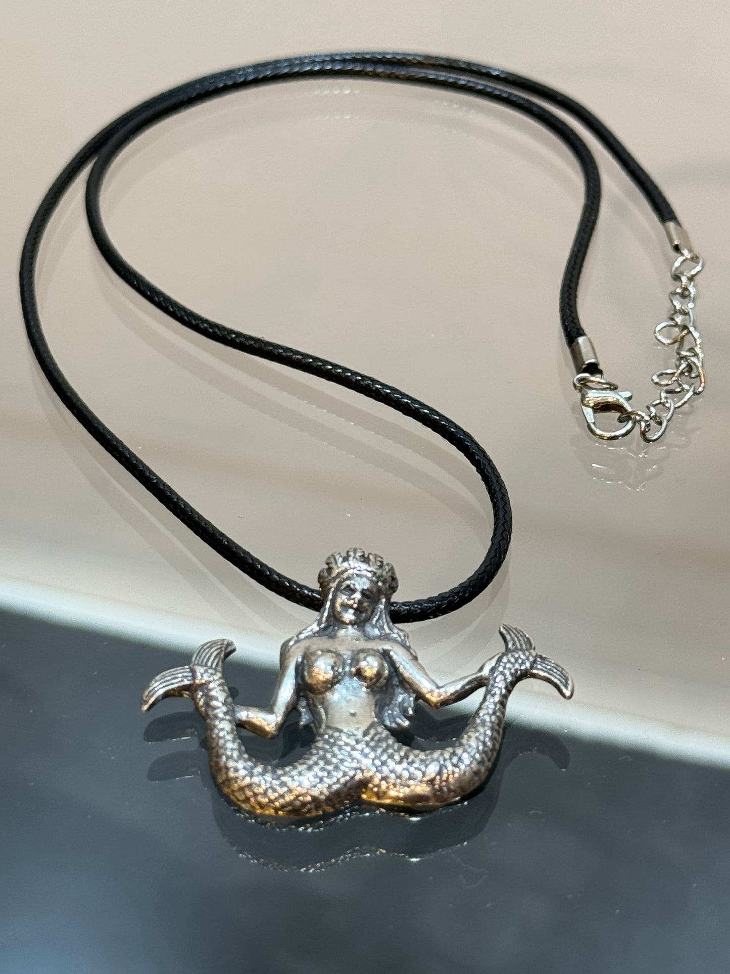 Silver Mermaid Double Tail Pendant With Black Cord Necklace