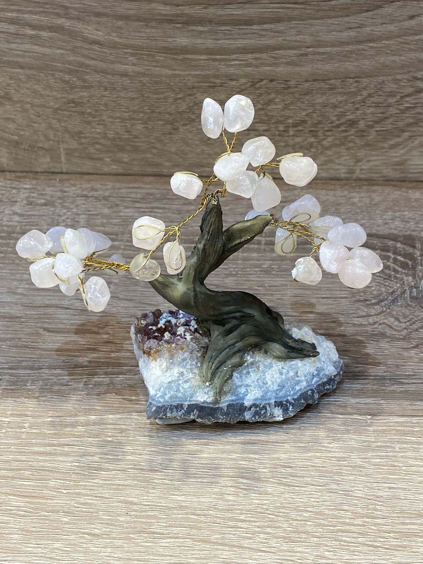 Gemstone Rose Quartz Tree on Amethyst Cluster