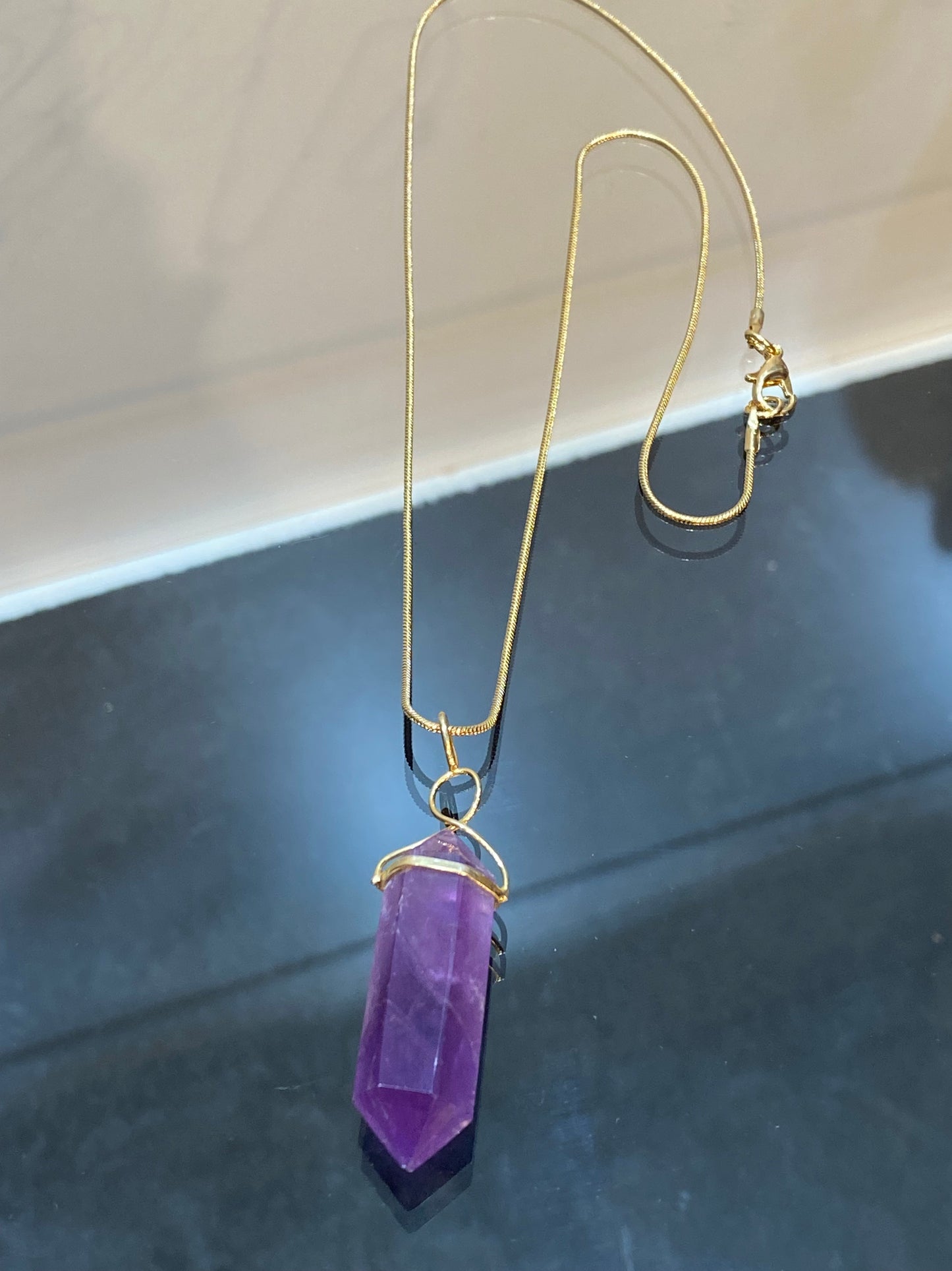 Amethyst Double Terminated Point Gold Overlay Twist Pendant with Gold Chain