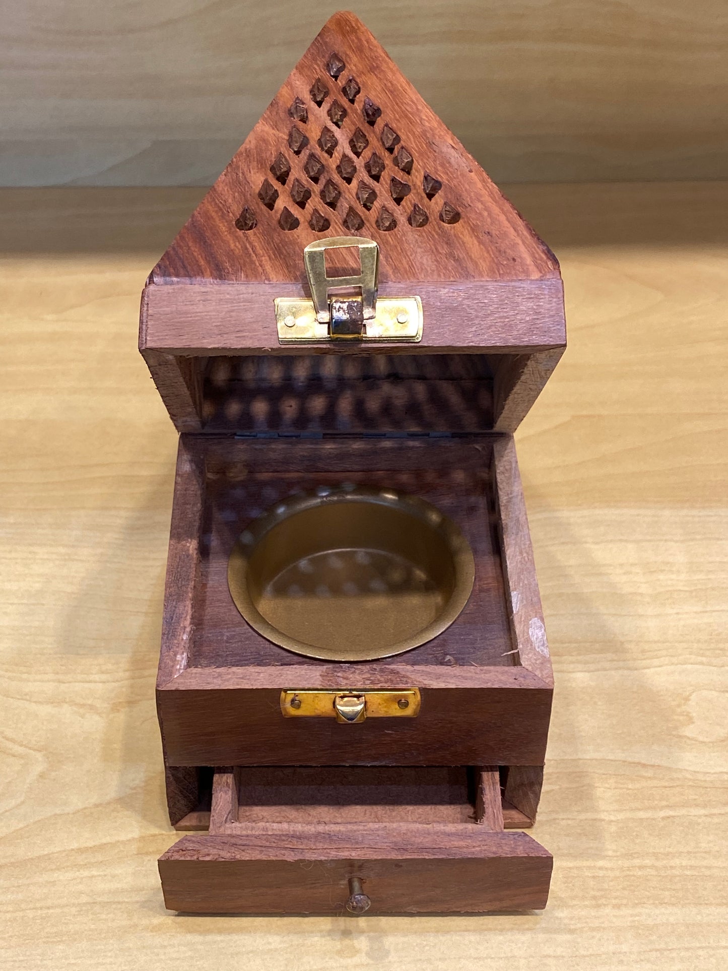 Wooden Pyramid Cone and Charcoal Burner with Storage Net Carving