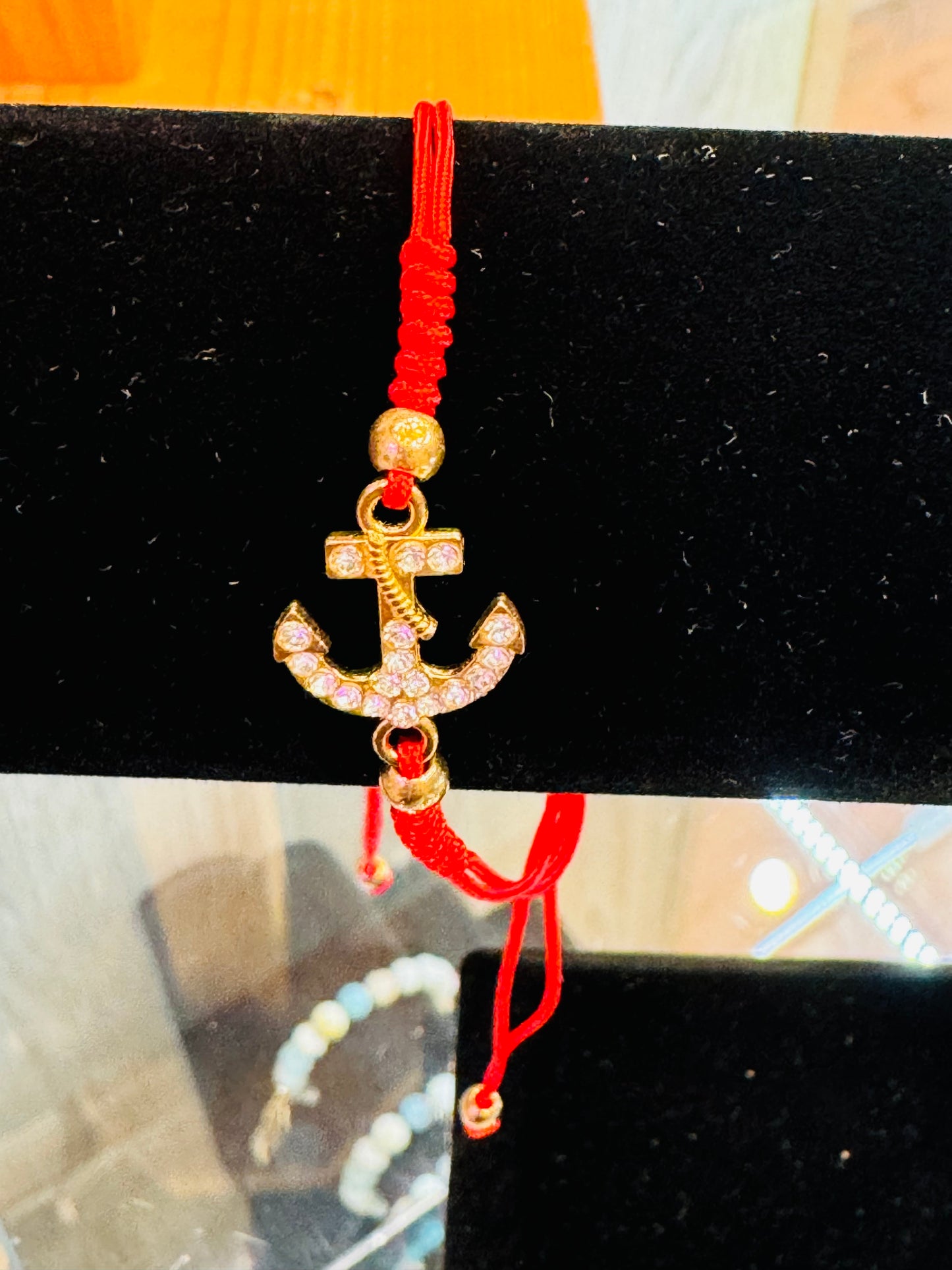 Red String Pull Tie Bracelet Rhinestone Anchor Charm and Golden Beads