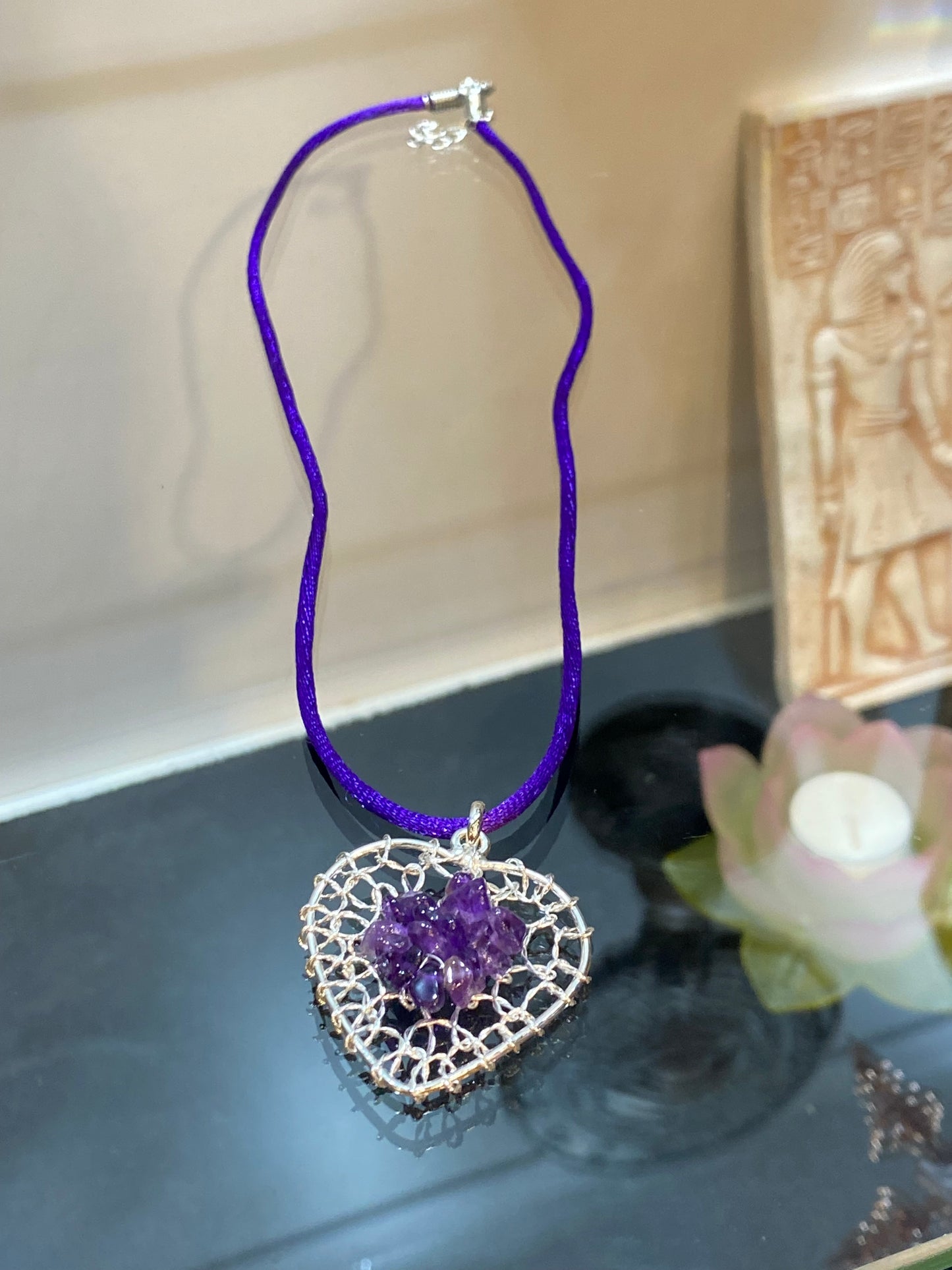 Amethyst Chip Silver Wired Heart Pendant With Purple Cord Necklace