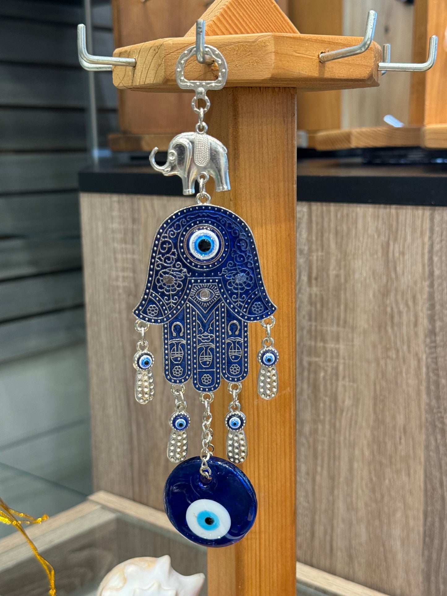 Turkish Blue Evil Eye Hamsa Hand Elephant and Evil Eye Talisman Amulet Wall Hanging Ornament