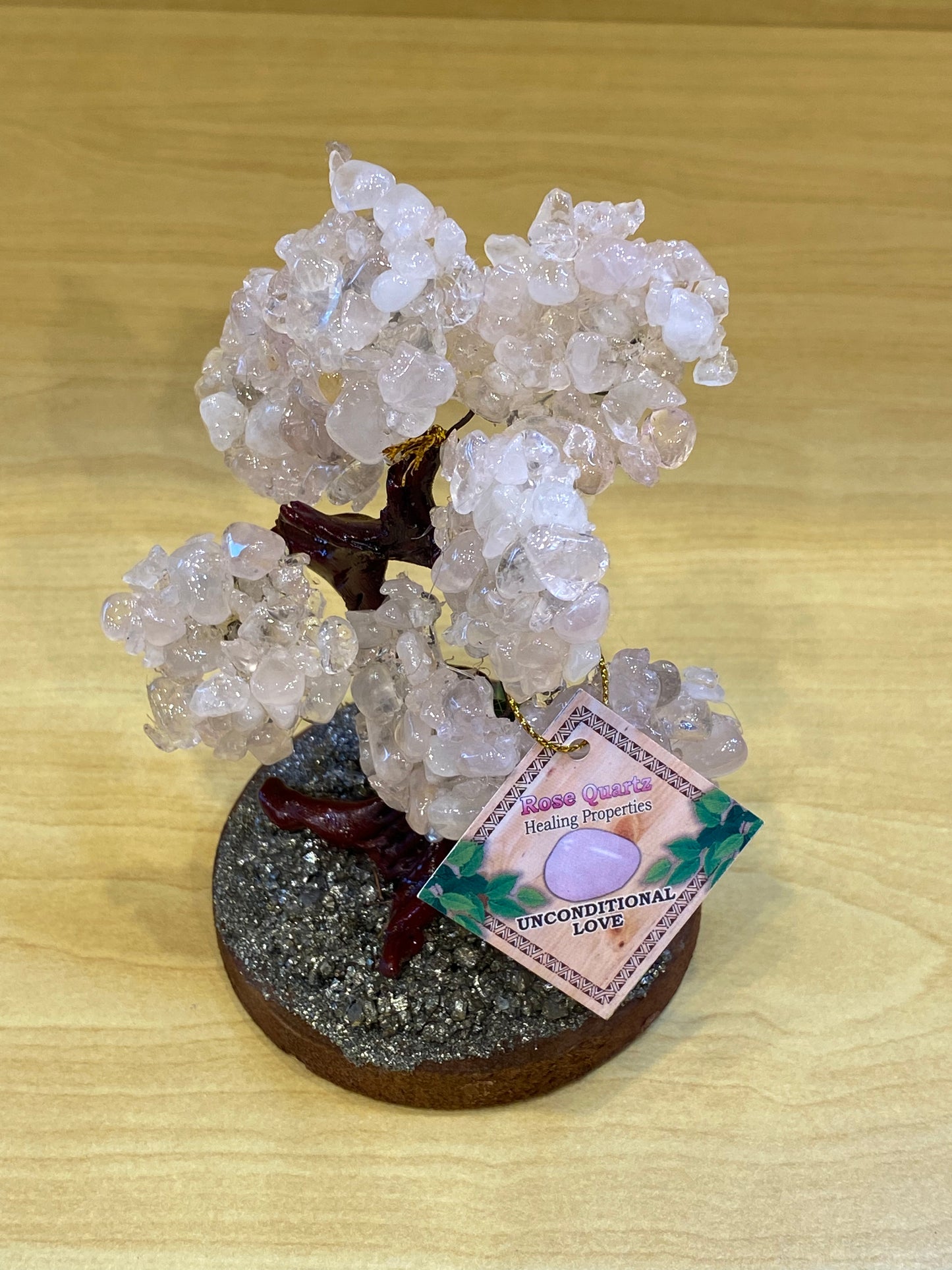 Bonsai Love and Fortune Gemstone Rose Quartz Tree on Pyrite