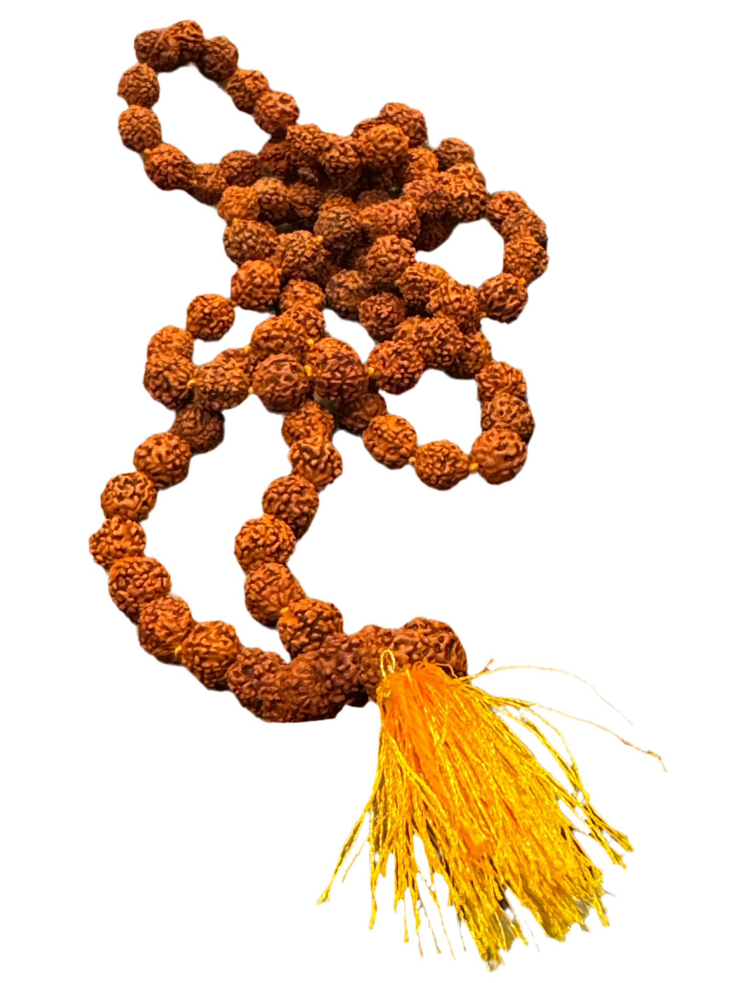 Rudraksha Seed Mala Japamala with Golden Yellow Tassel – Root and Sacral Chakra Power Mala - Large Seed 14mm