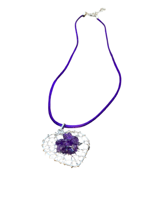 Amethyst Chip Silver Wired Heart Pendant With Purple Cord Necklace