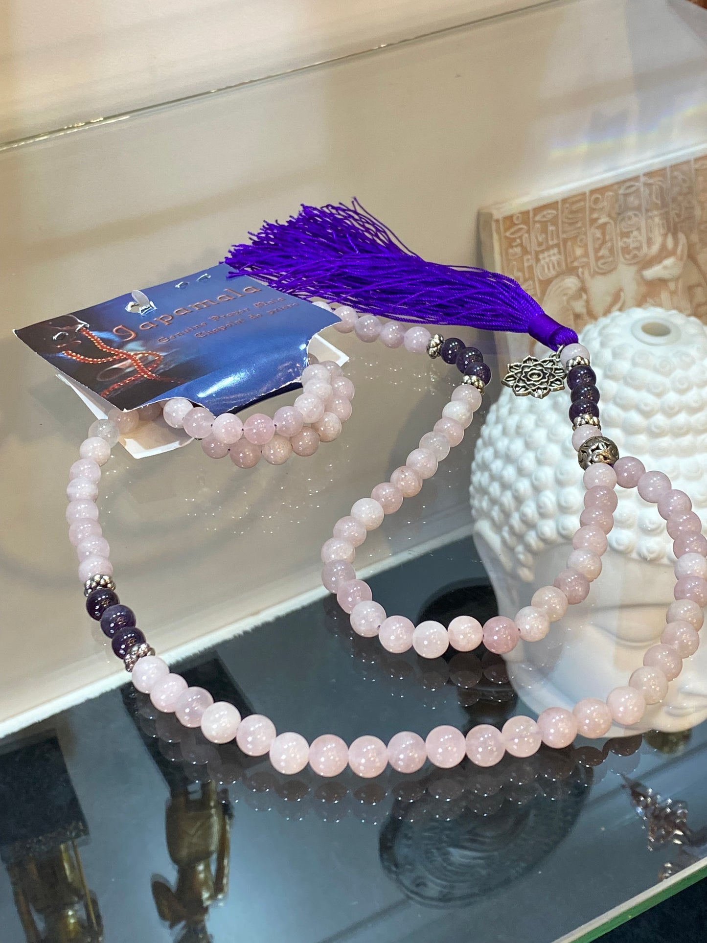 Japamala Prayer Rose Quartz and Amethyst With Lotus Flower Charm Purple Tassle