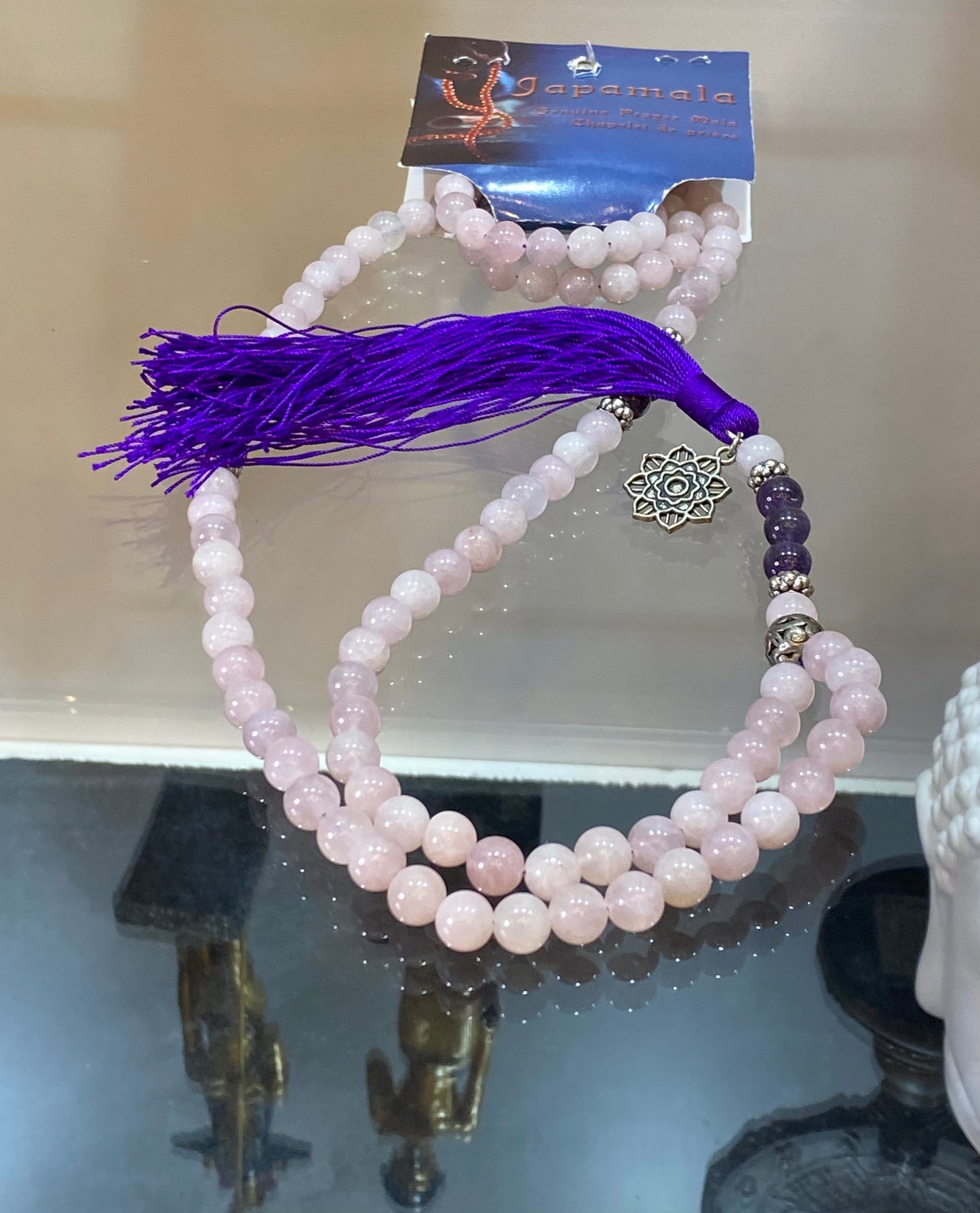 Japamala Prayer Rose Quartz and Amethyst With Lotus Flower Charm Purple Tassle