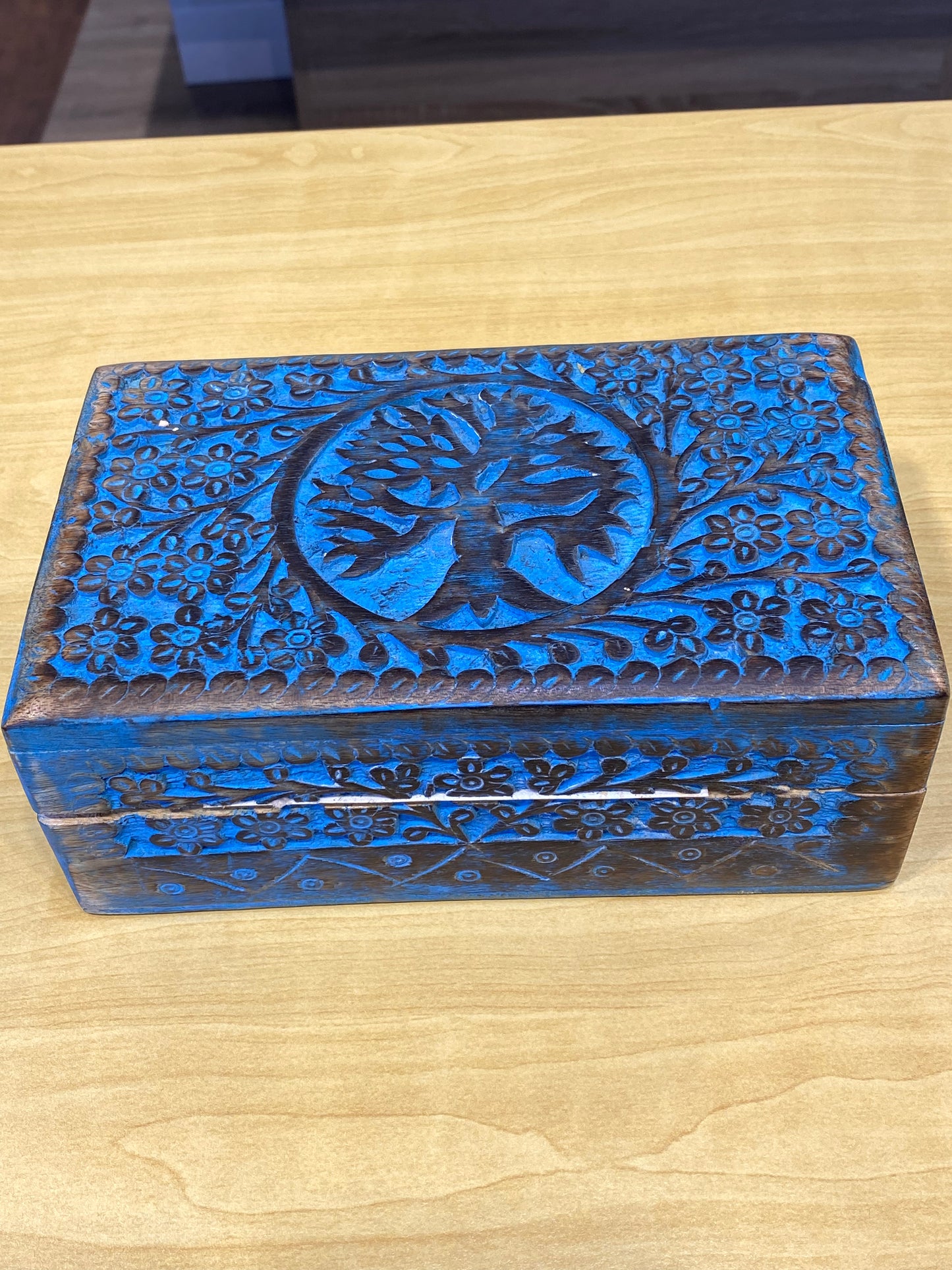 Wooden Handicraft Storage Box Tree of Life Turquoise