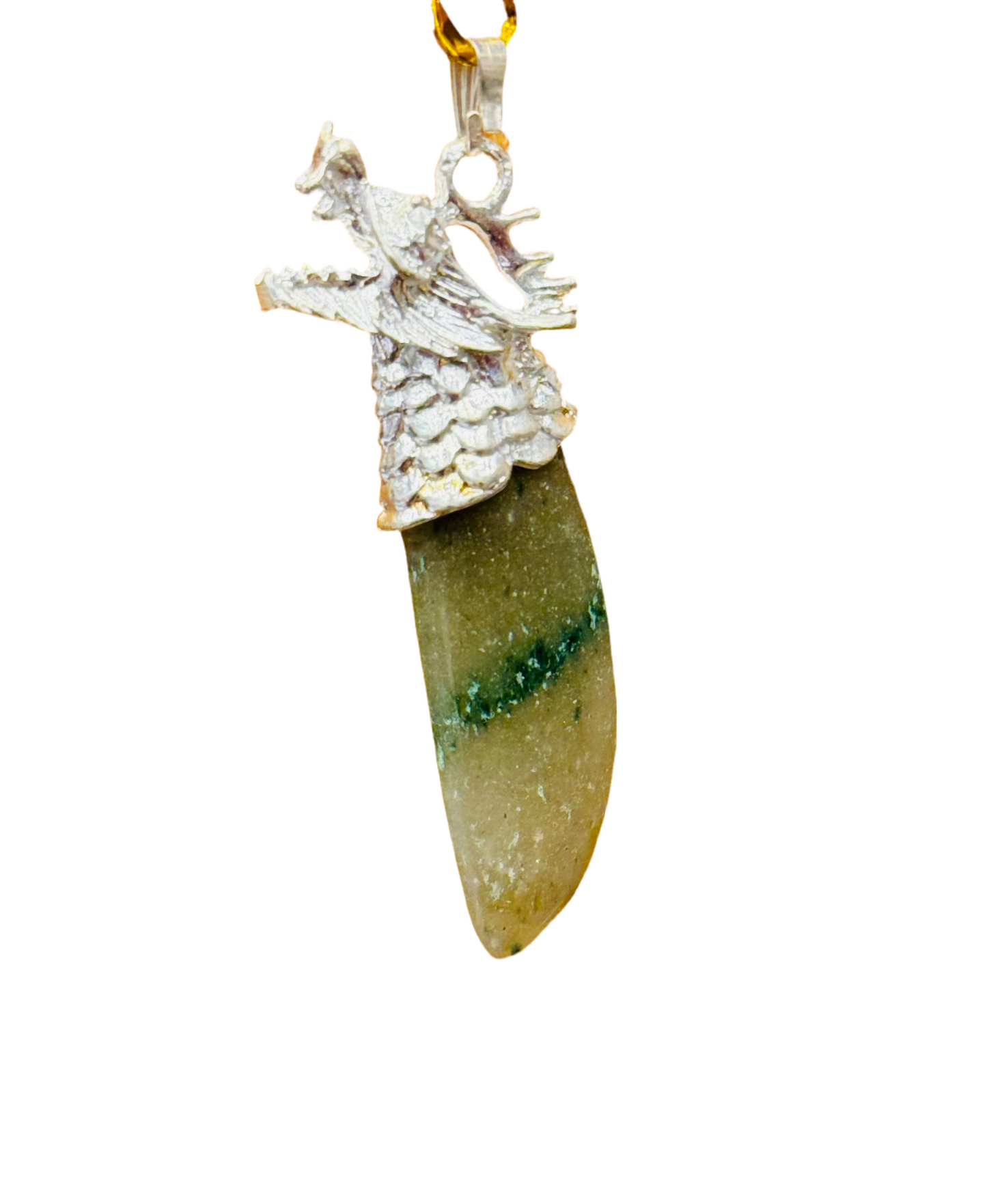 Silver Dragon Green Aventurine Horn Gemstone Pendant