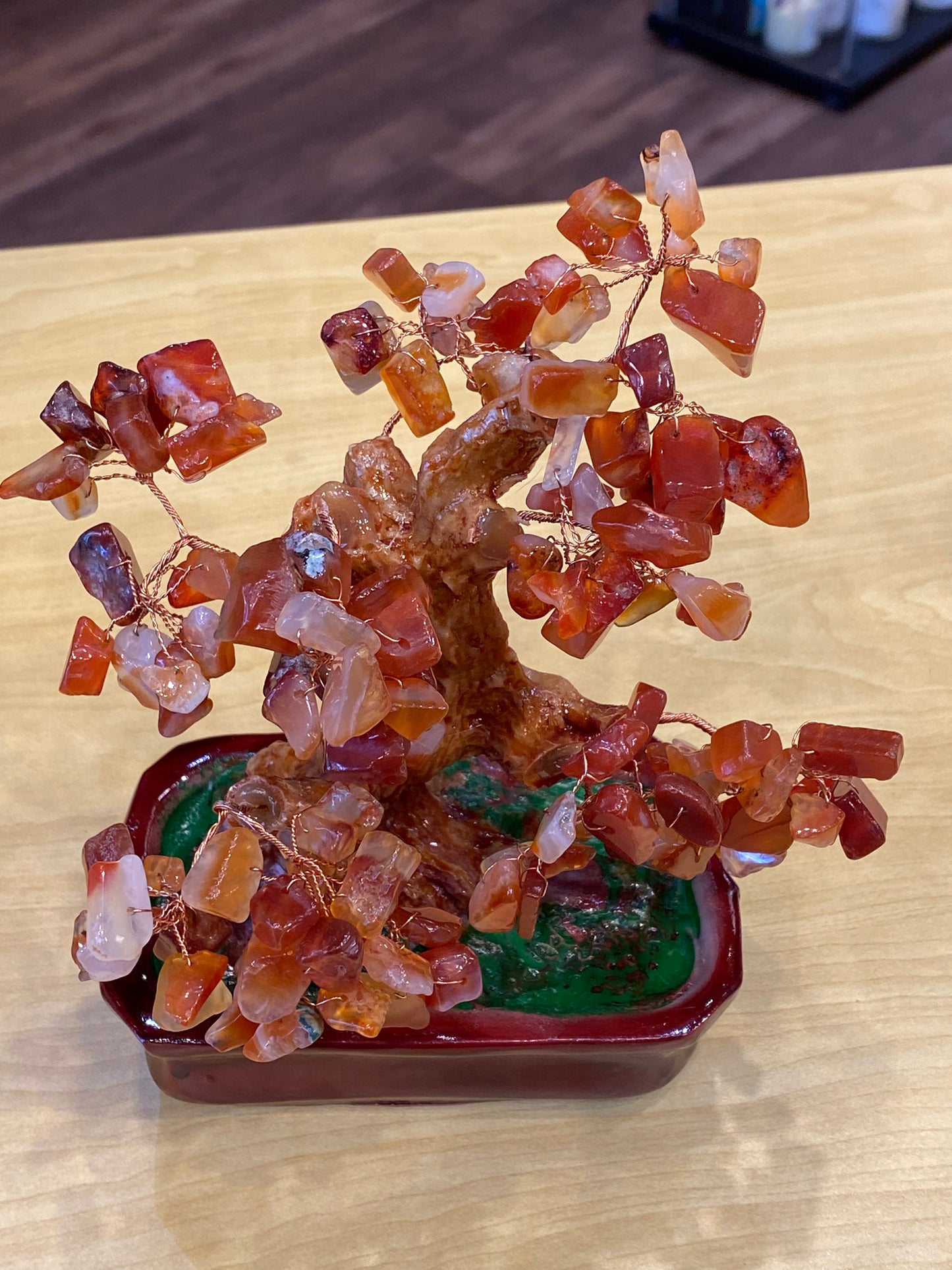 Feng Shui Bonsai Tree Desktop  Tumbled Carnelian in a Red Tub