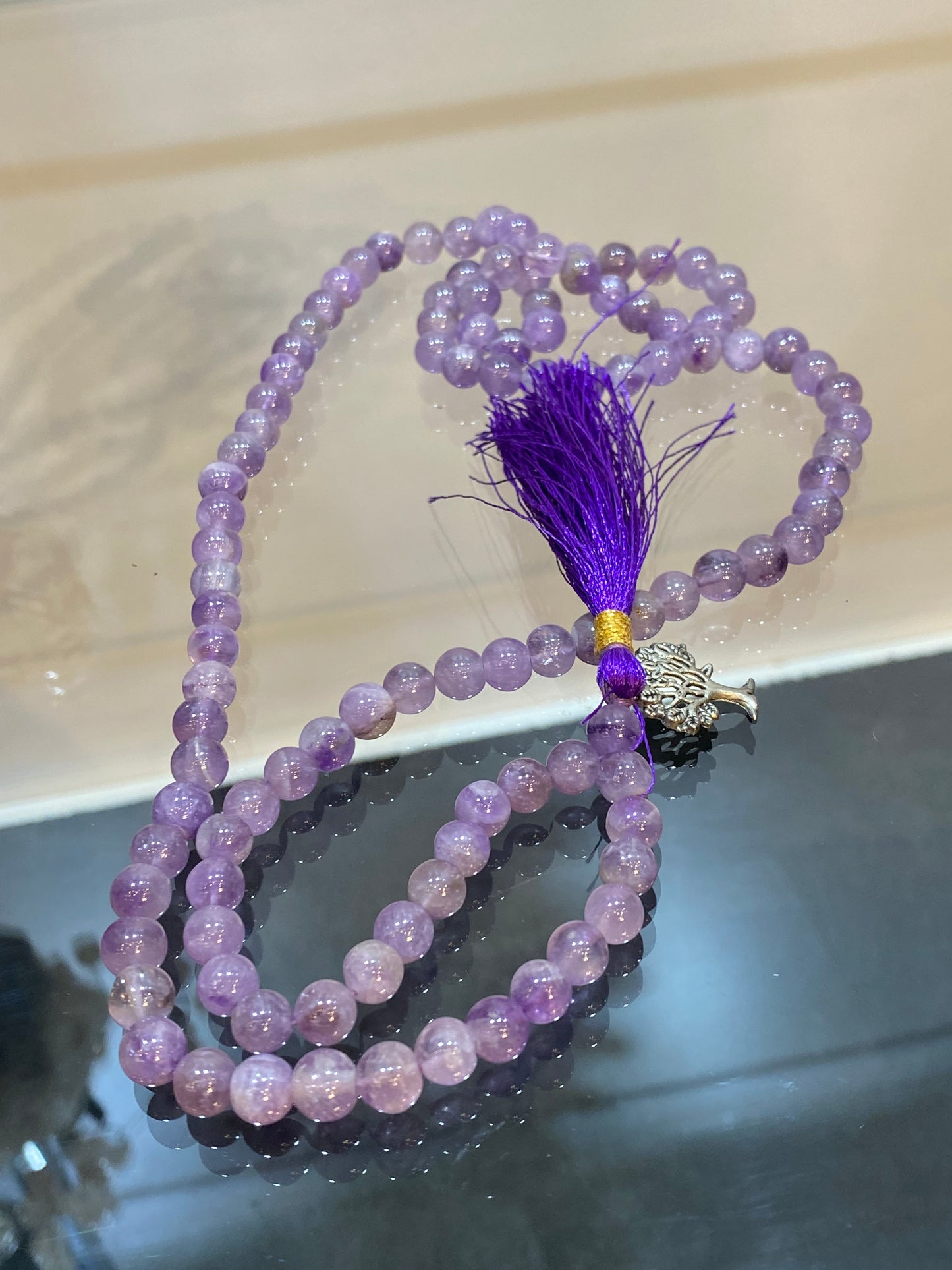 Light Amethyst Prayer Mala Necklace With Tree Of Life Charm And Purple Tassle