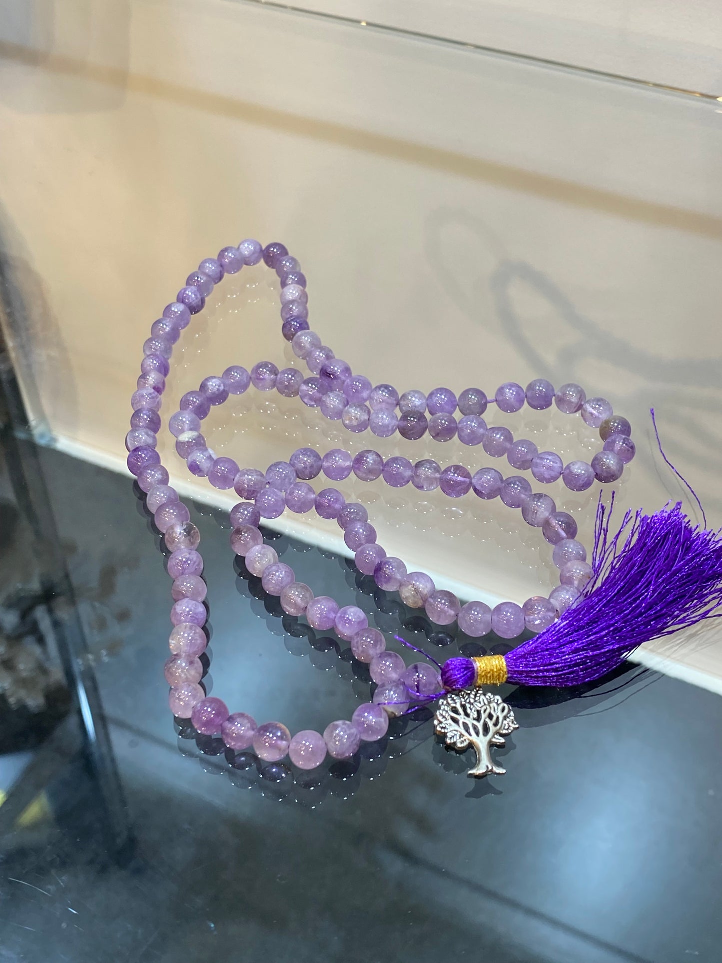 Light Amethyst Prayer Mala Necklace With Tree Of Life Charm And Purple Tassle