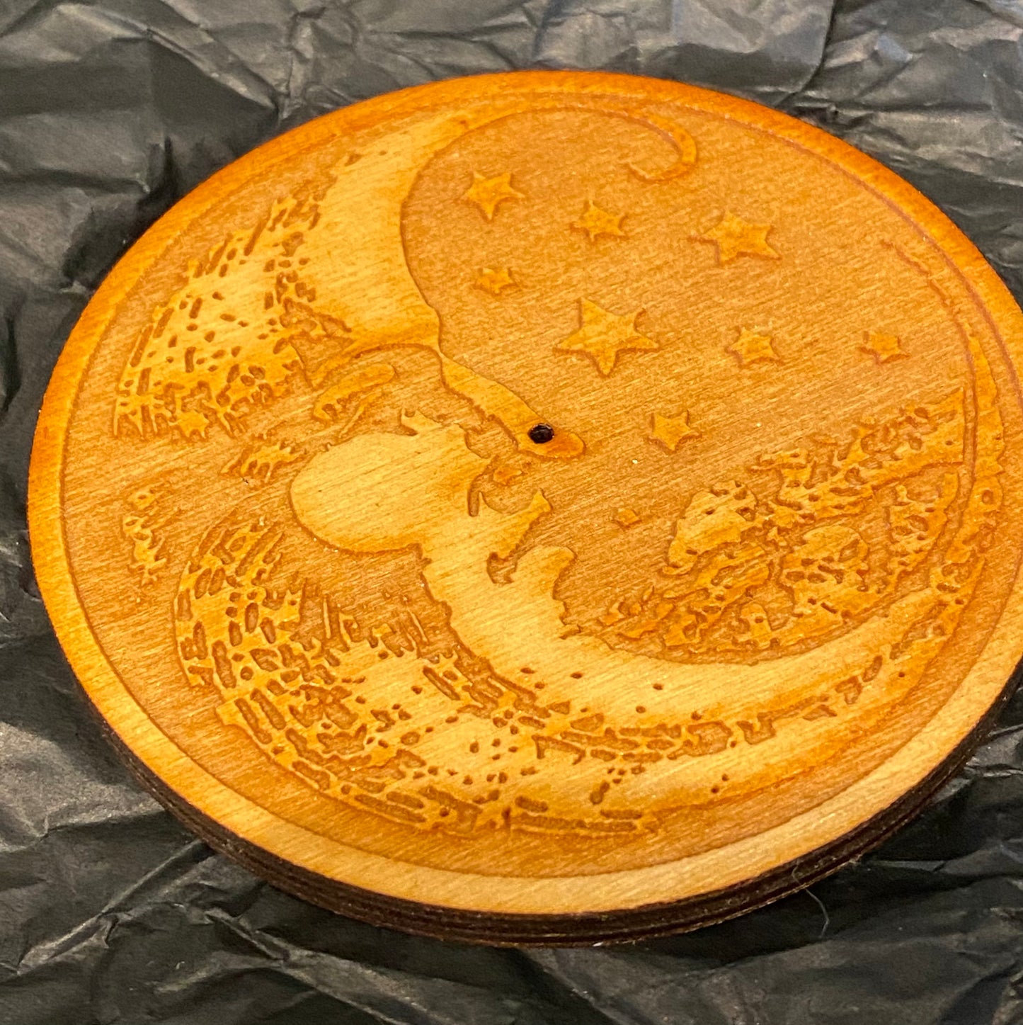 Woodcut Round Incense Stick Burner Celestial Moon and Stars