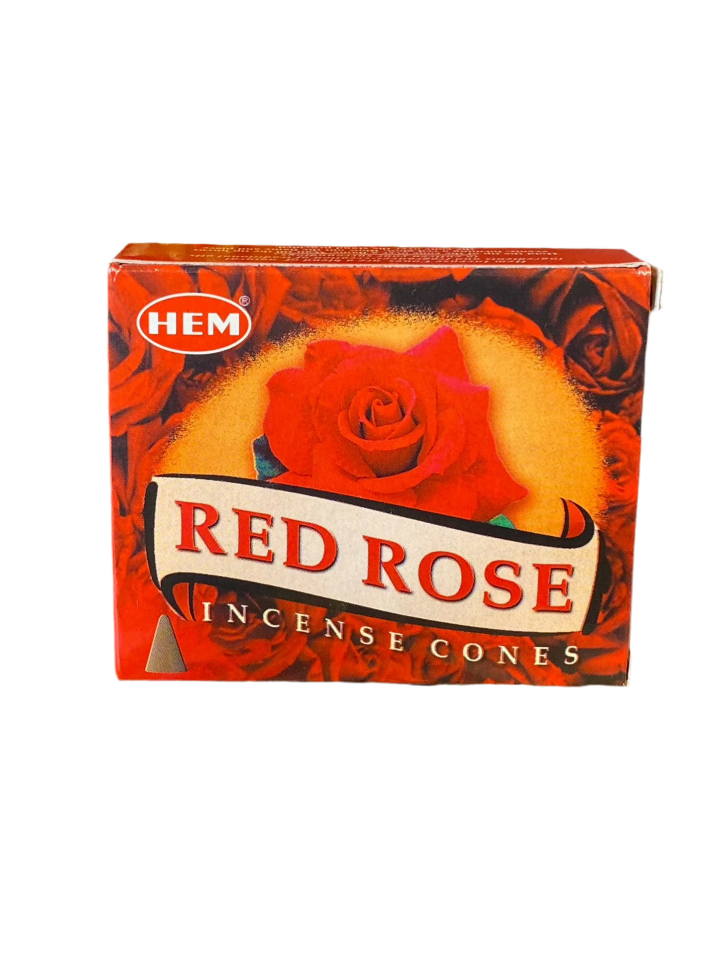 HEM Red Rose Incense Cones box with red rose design and vibrant packaging.