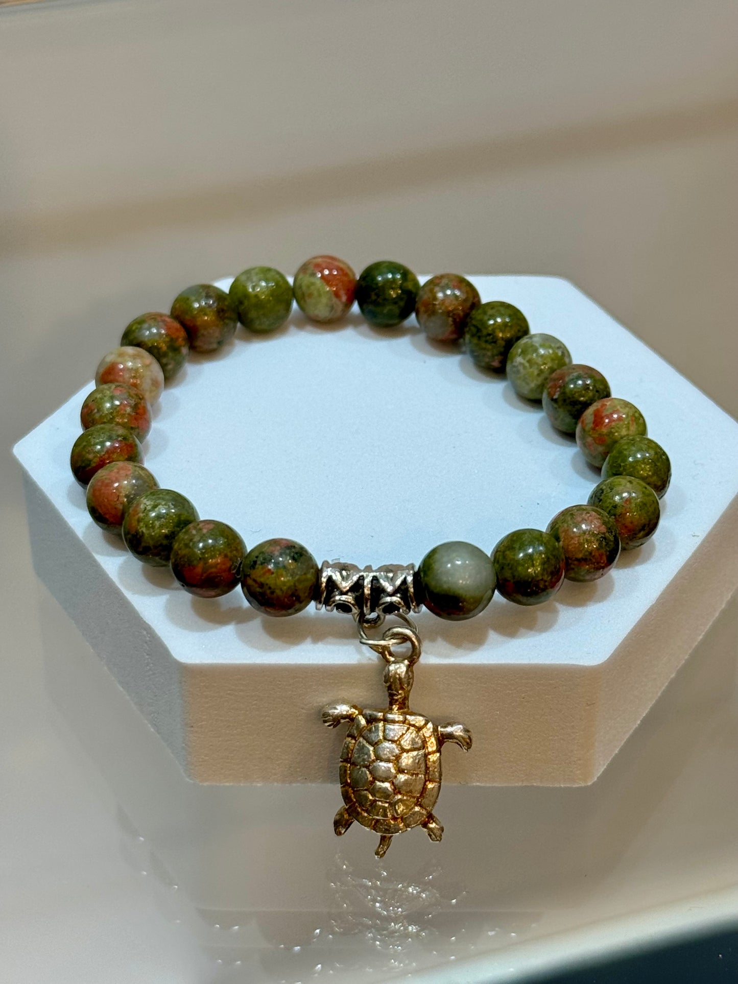 Unakite Beaded Bracelet With Turtle Charm